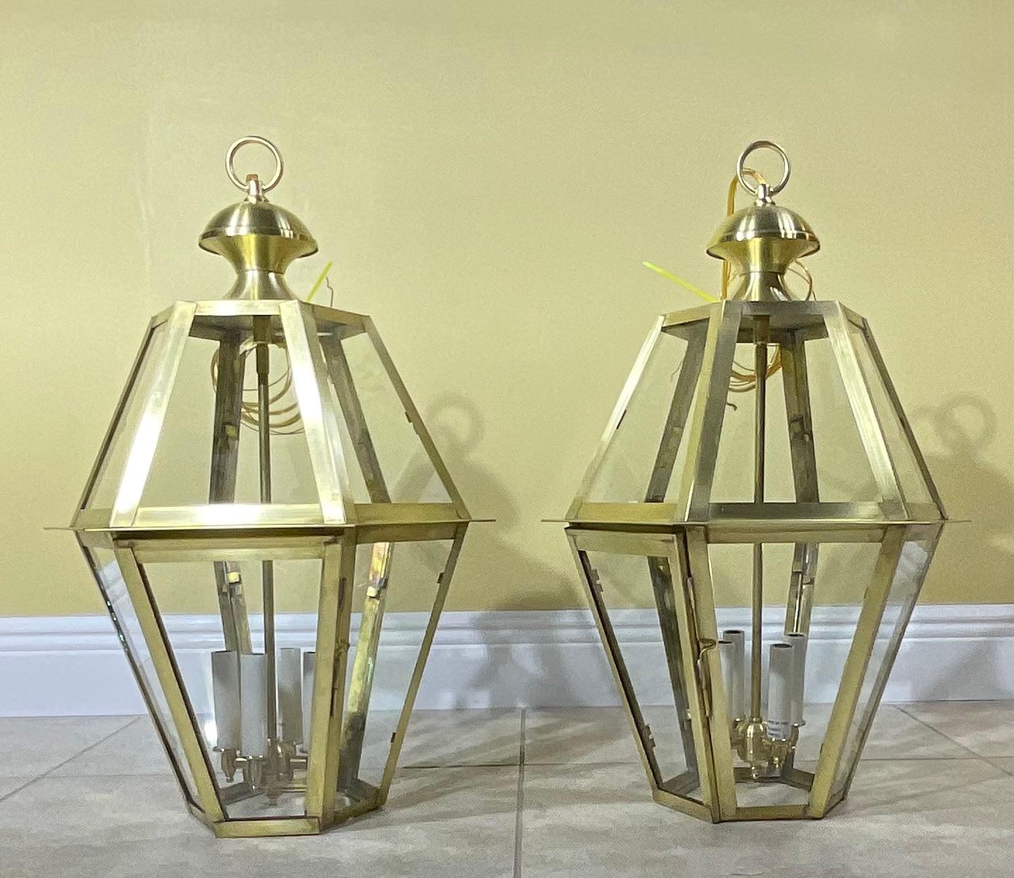 Pair Of Six Sides Solid  Brass Handcrafted Hanging Lanterns For Sale 9