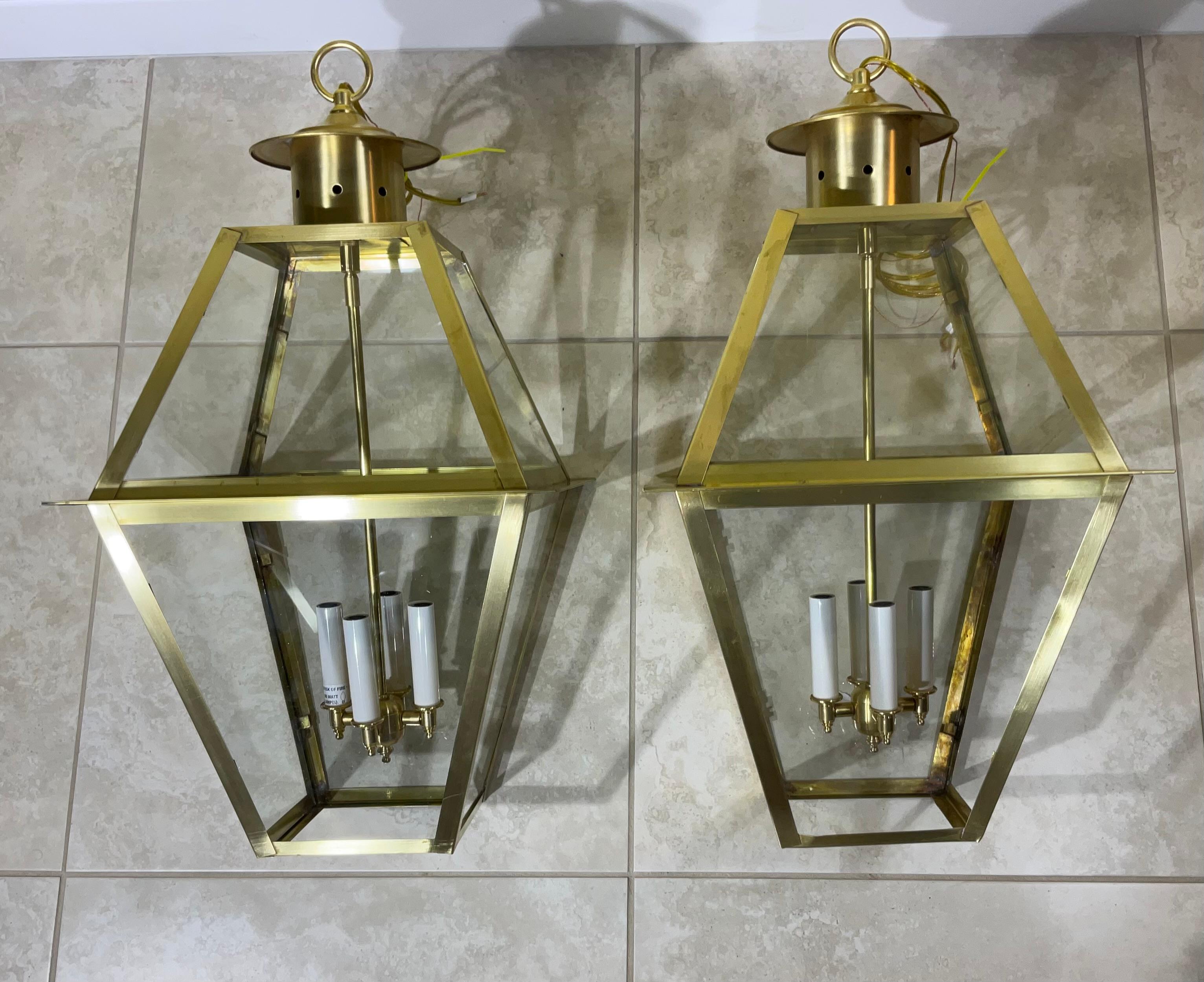 Pair Of Six Sides Solid  Brass Handcrafted Hanging Lanterns For Sale 1