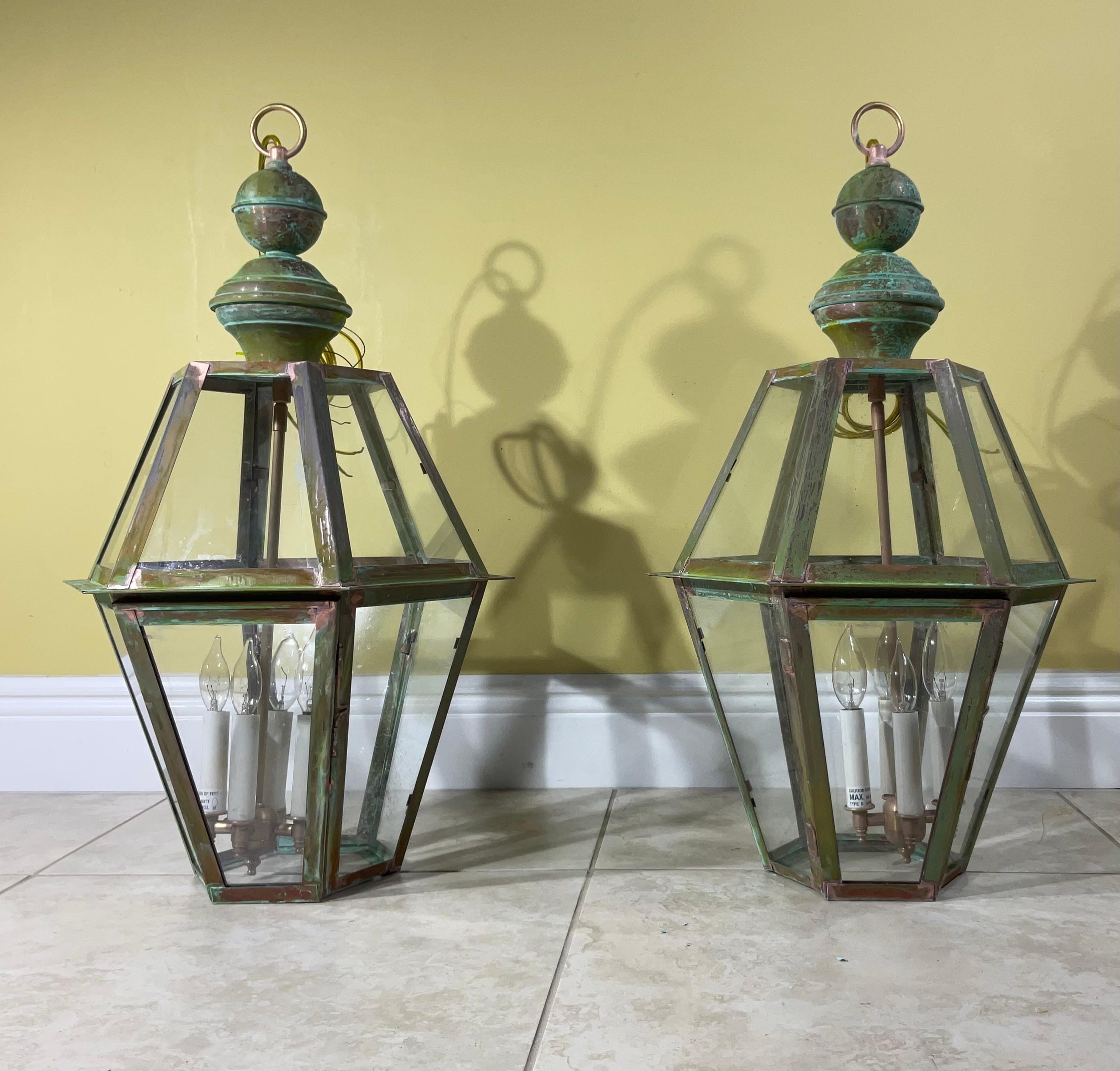 Pair Of Six Sides Solid Copper And Brass Handcrafted Hanging Lanterns For Sale 6