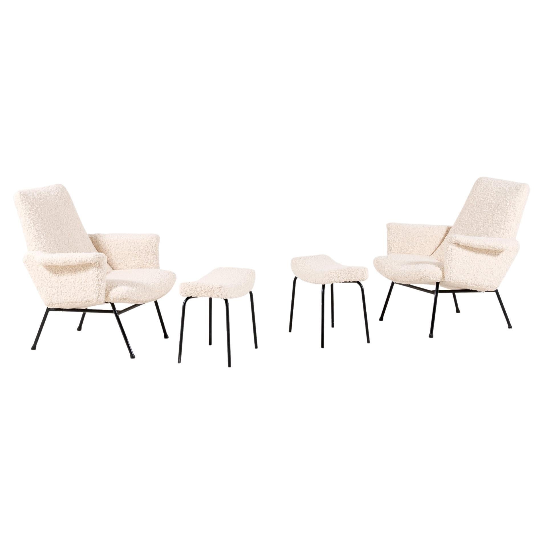 Pair of SK660 Armchairs by Pierre Guariche with Footstools, 1953 For Sale