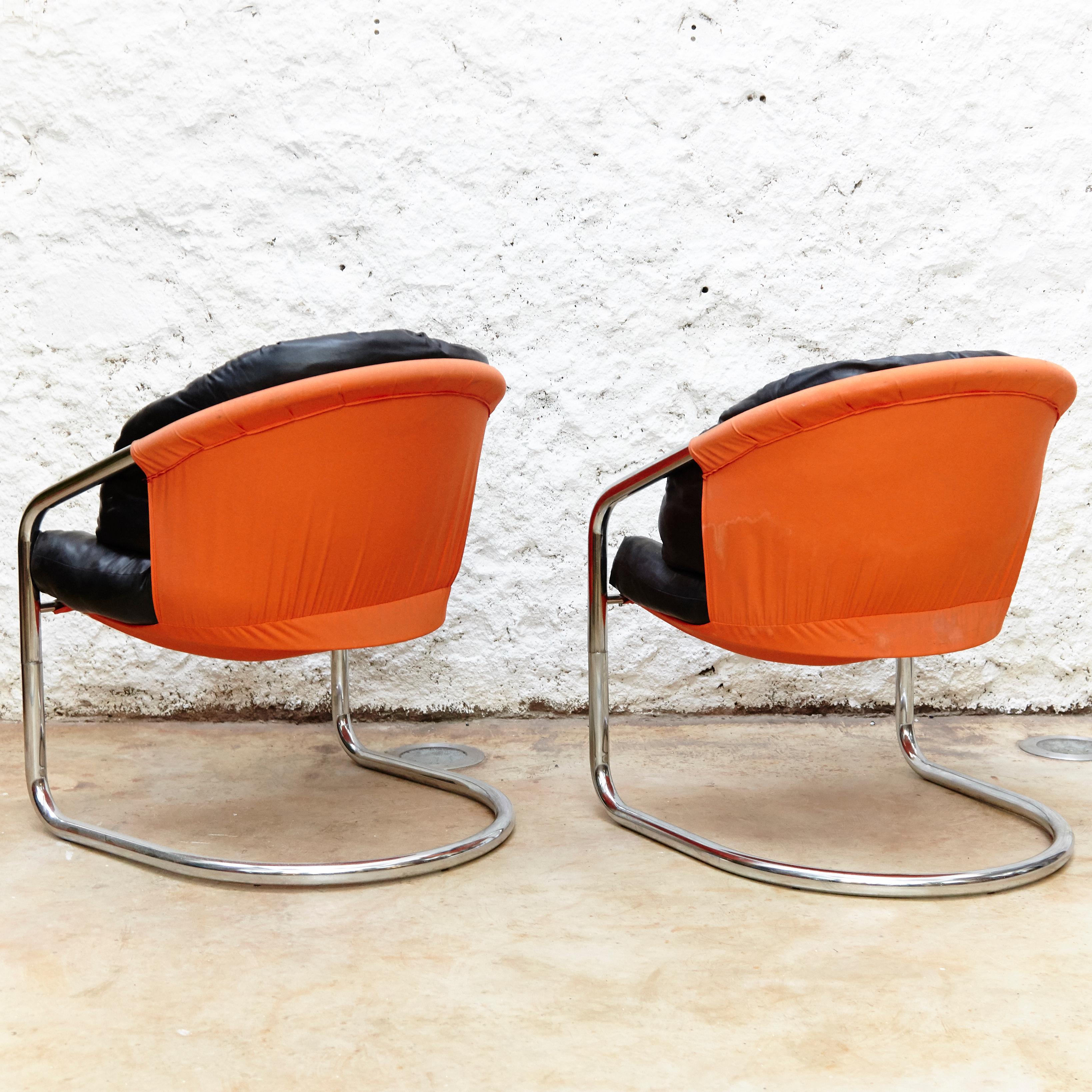 Late 20th Century Pair of Skai and Fabric Easy Chairs, circa 1970