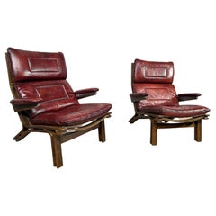 Pair Of Skipper Møbler Bentwood Leather Armchairs 70s Hand Dyed Deep Red #530
