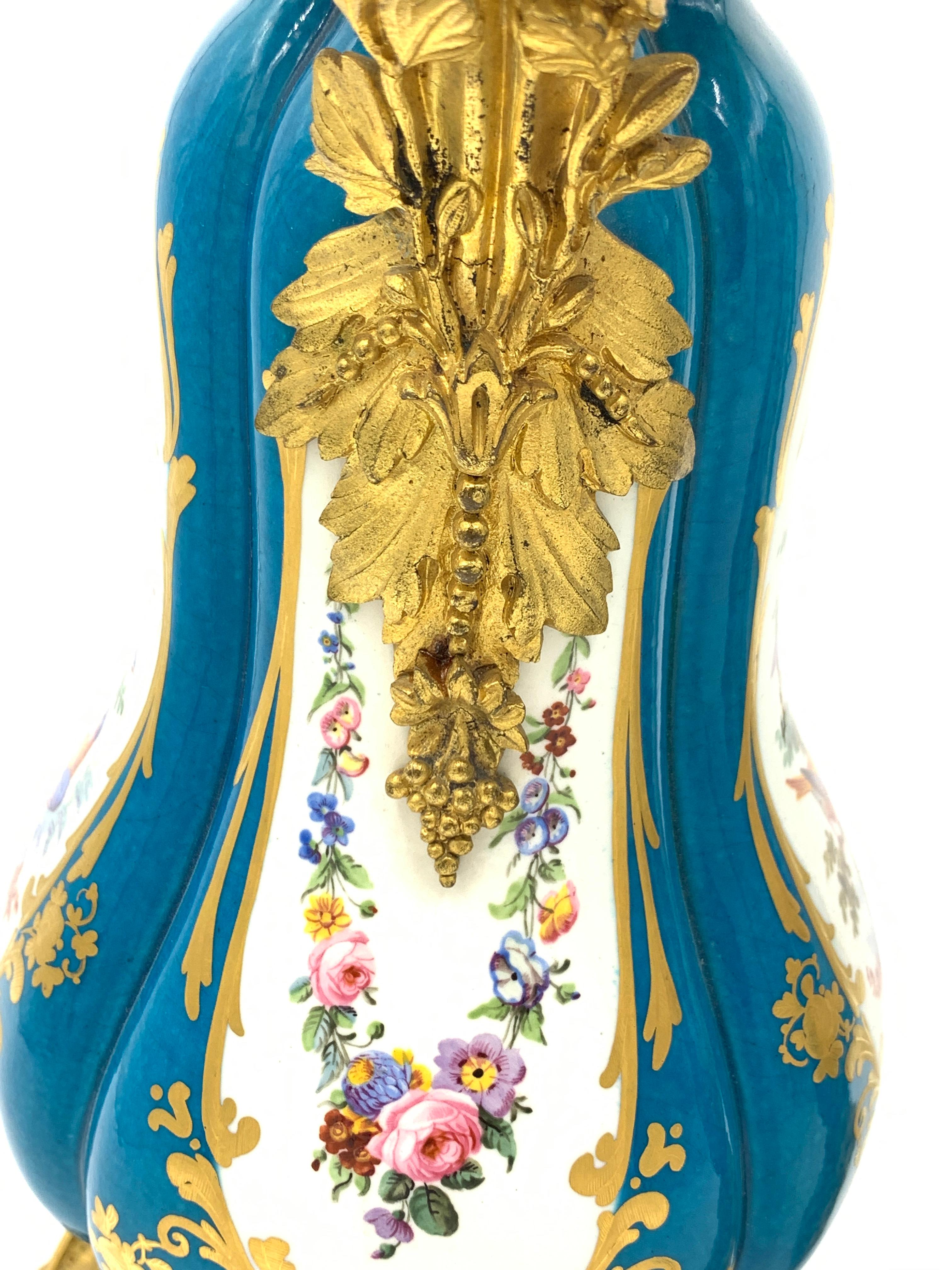French Pair of Sky Blue Ormolu and Sevres Style Porcelain Vases For Sale