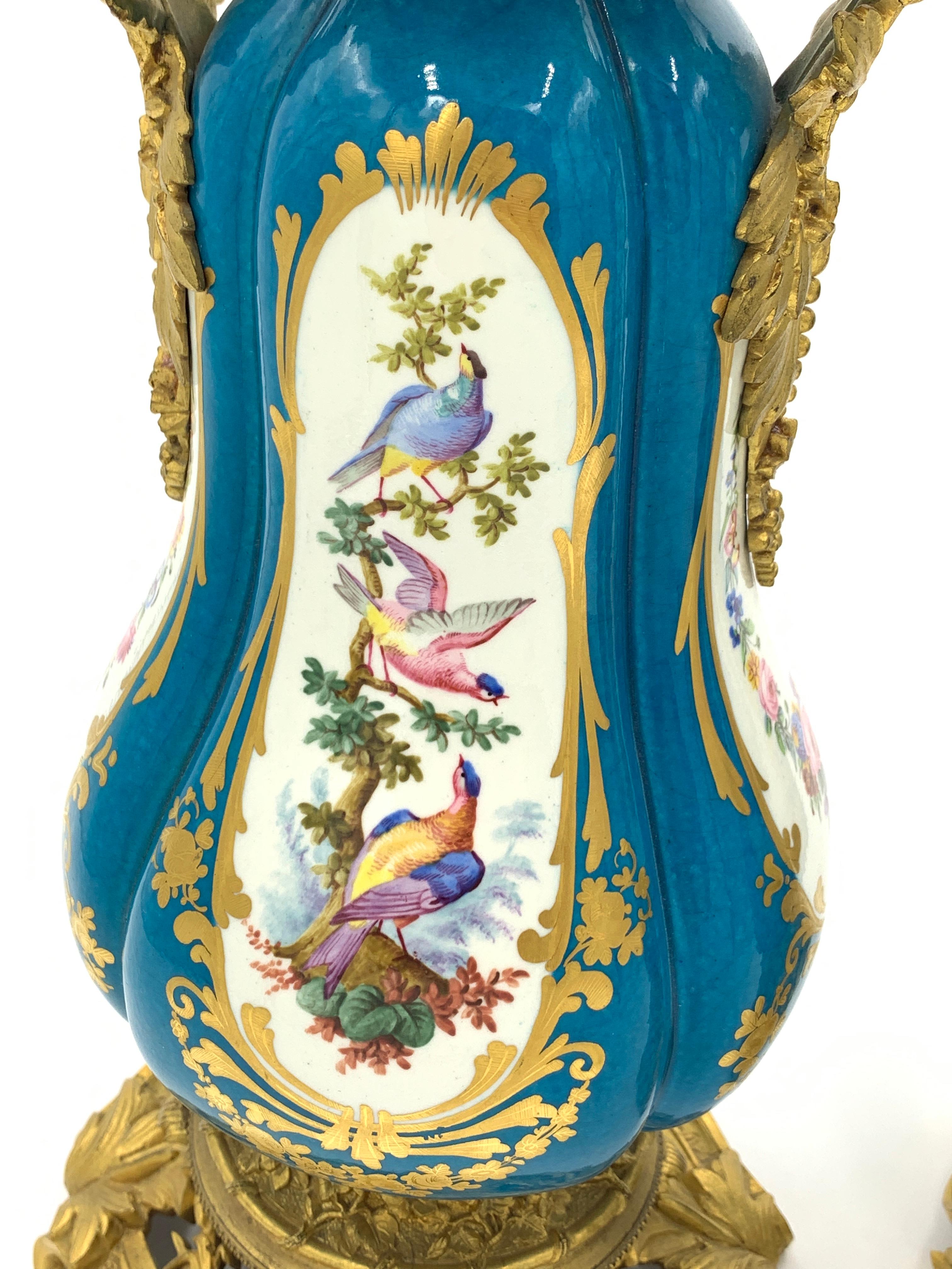 Pair of Sky Blue Ormolu and Sevres Style Porcelain Vases In Good Condition For Sale In London, GB