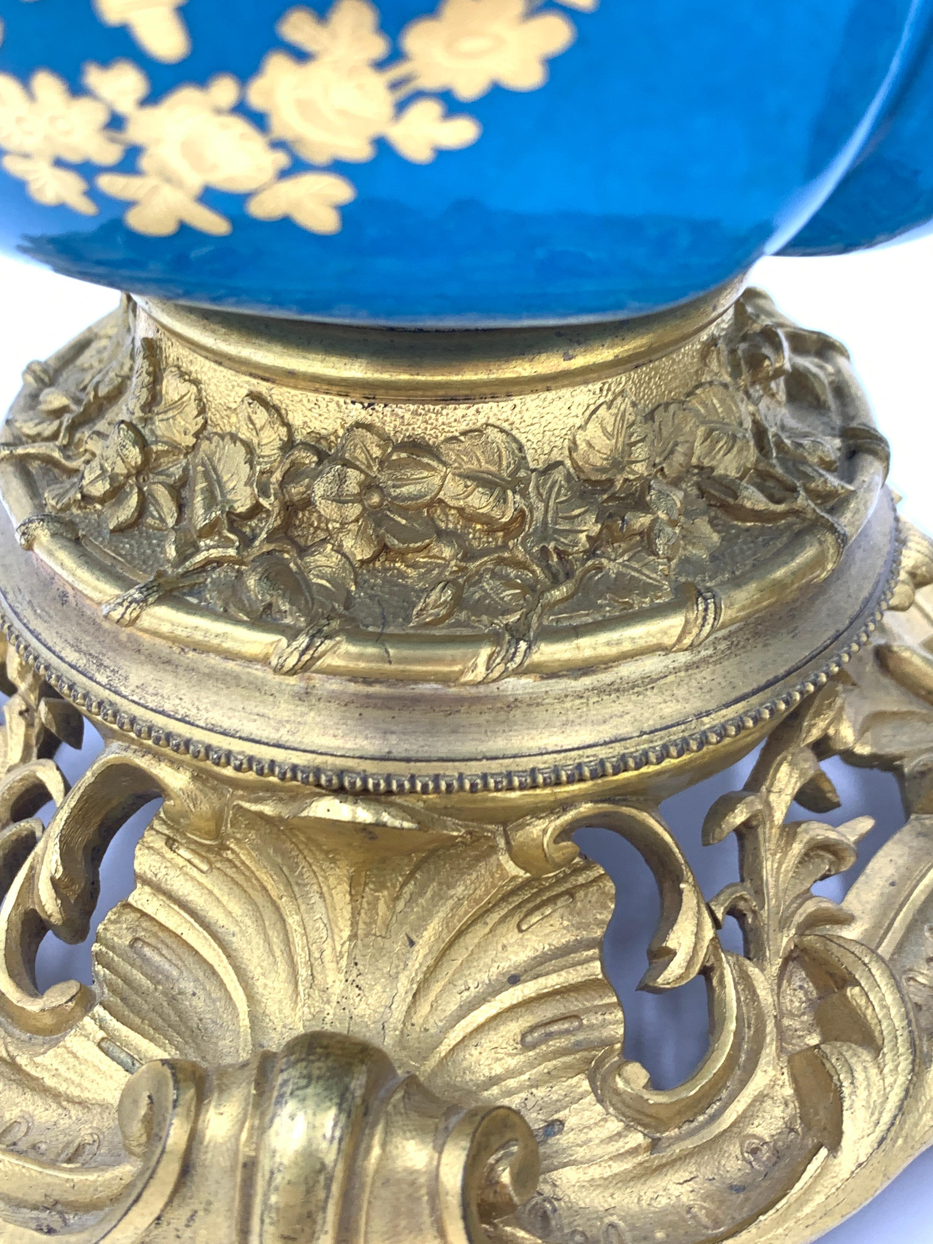 19th Century Pair of Sky Blue Ormolu and Sevres Style Porcelain Vases For Sale