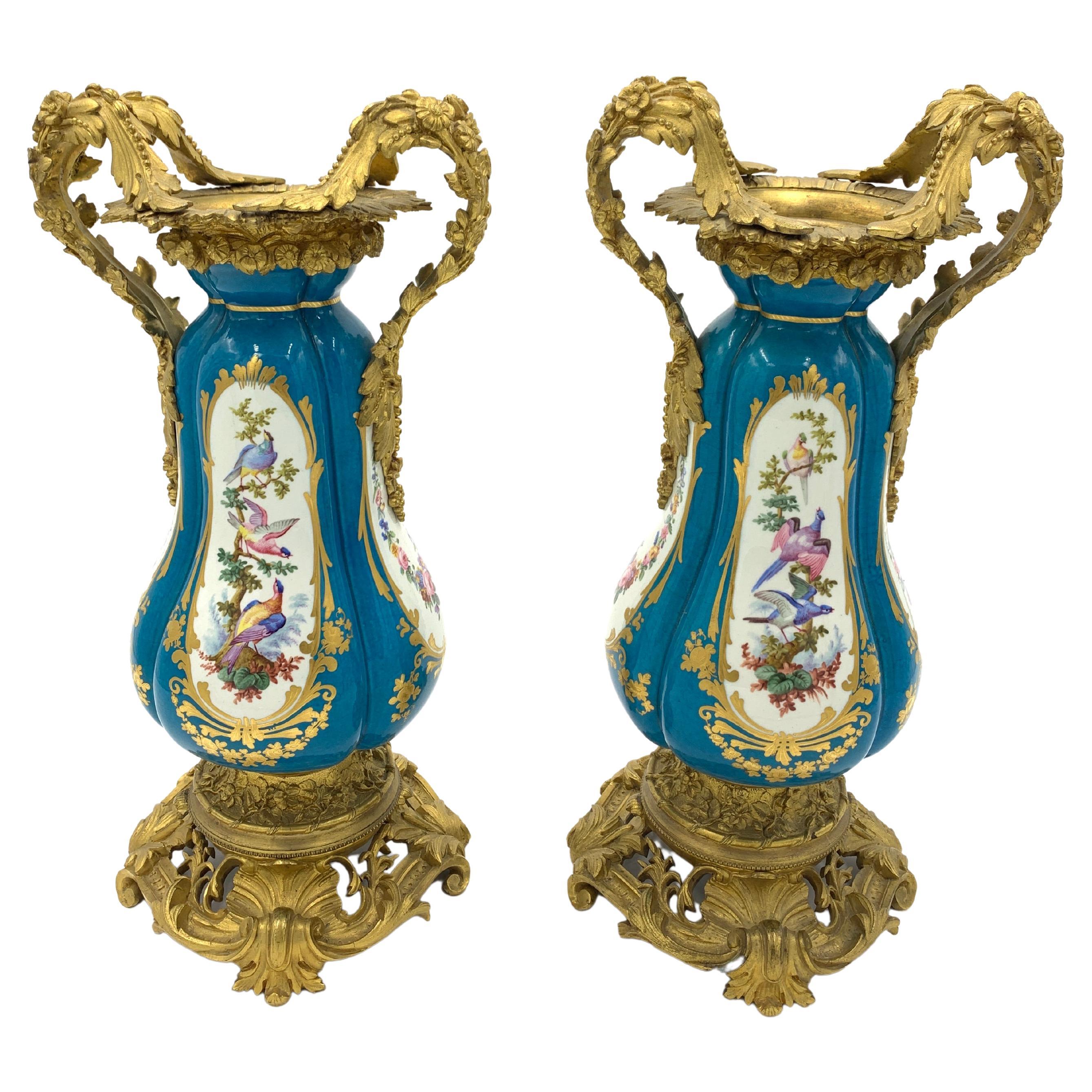 Pair of Sky Blue Ormolu and Sevres Style Porcelain Vases For Sale