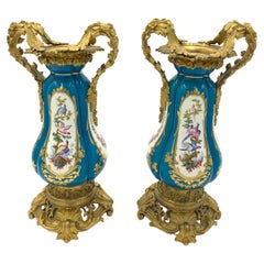 Antique Pair of Sky Blue Ormolu and Sevres Style Porcelain Vases