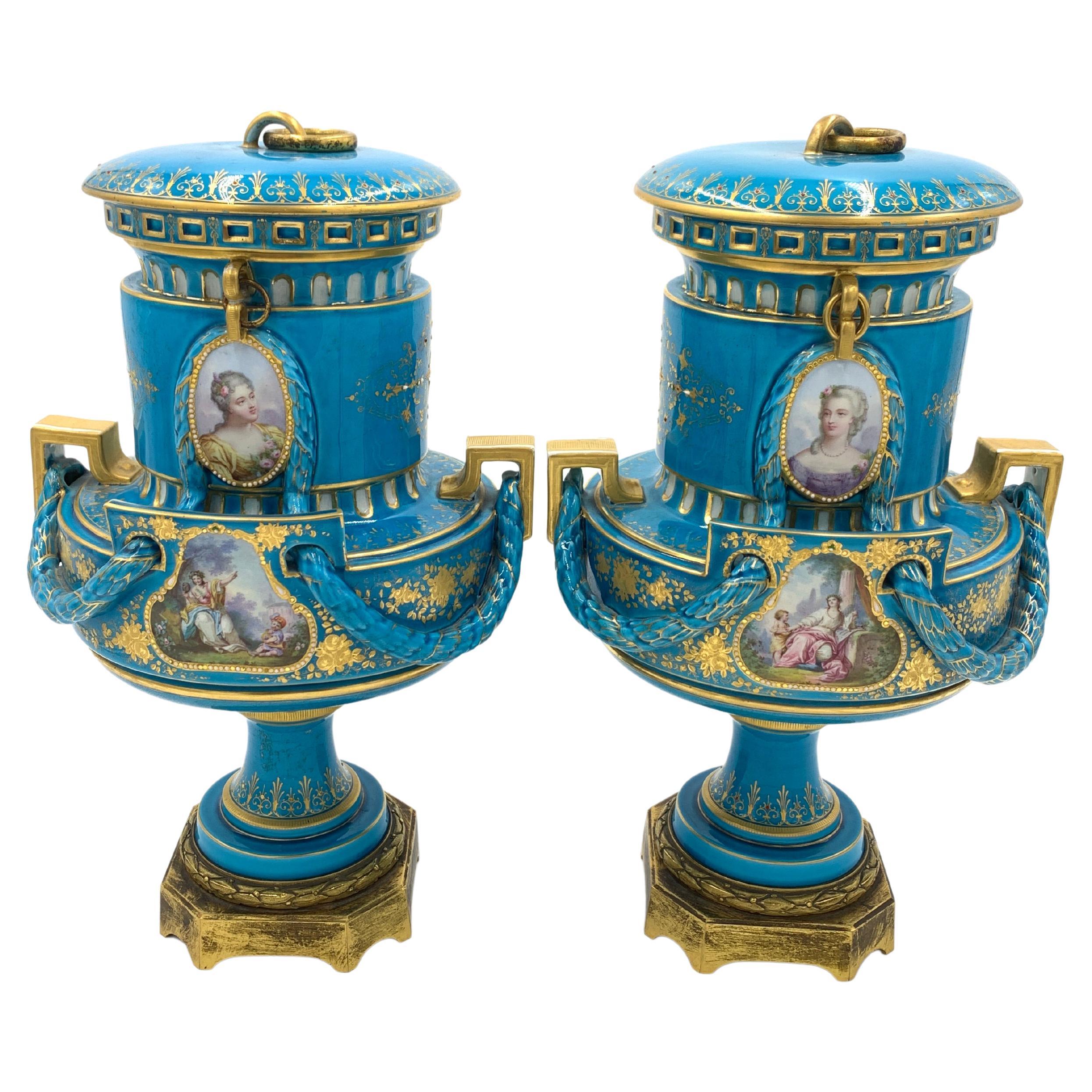 Pair of Sky Blue Sevres Style Vases For Sale