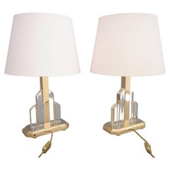 Pair of Skyscraper Table Lamps in Brass and Lucite, 1970s