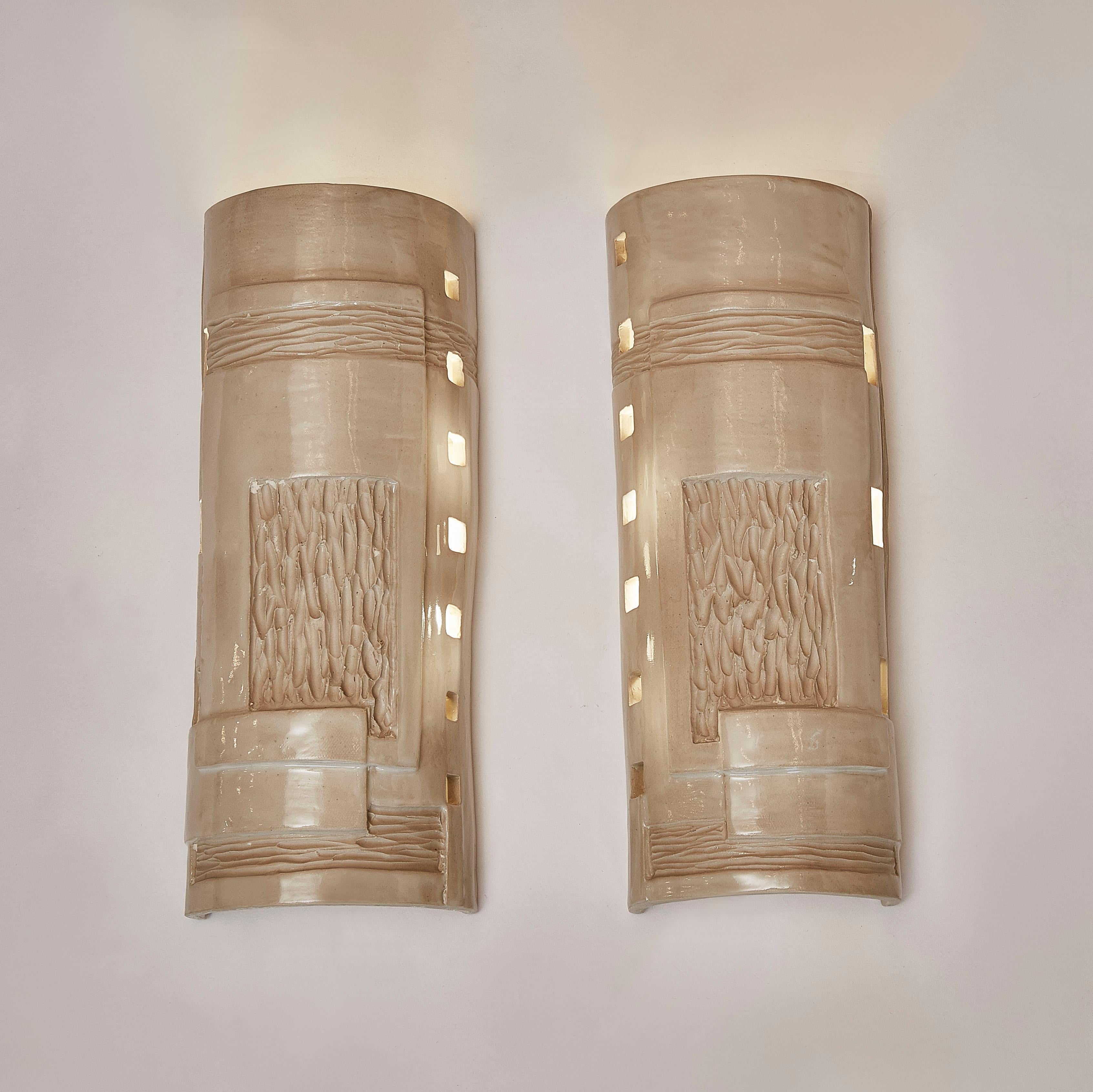 Modern Pair of Slab Built Ceramic Wall Sconces by Melissa Cromwell