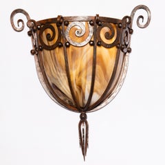 Pair of Slag Glass and Wrought Iron Sconces, France, circa 1930