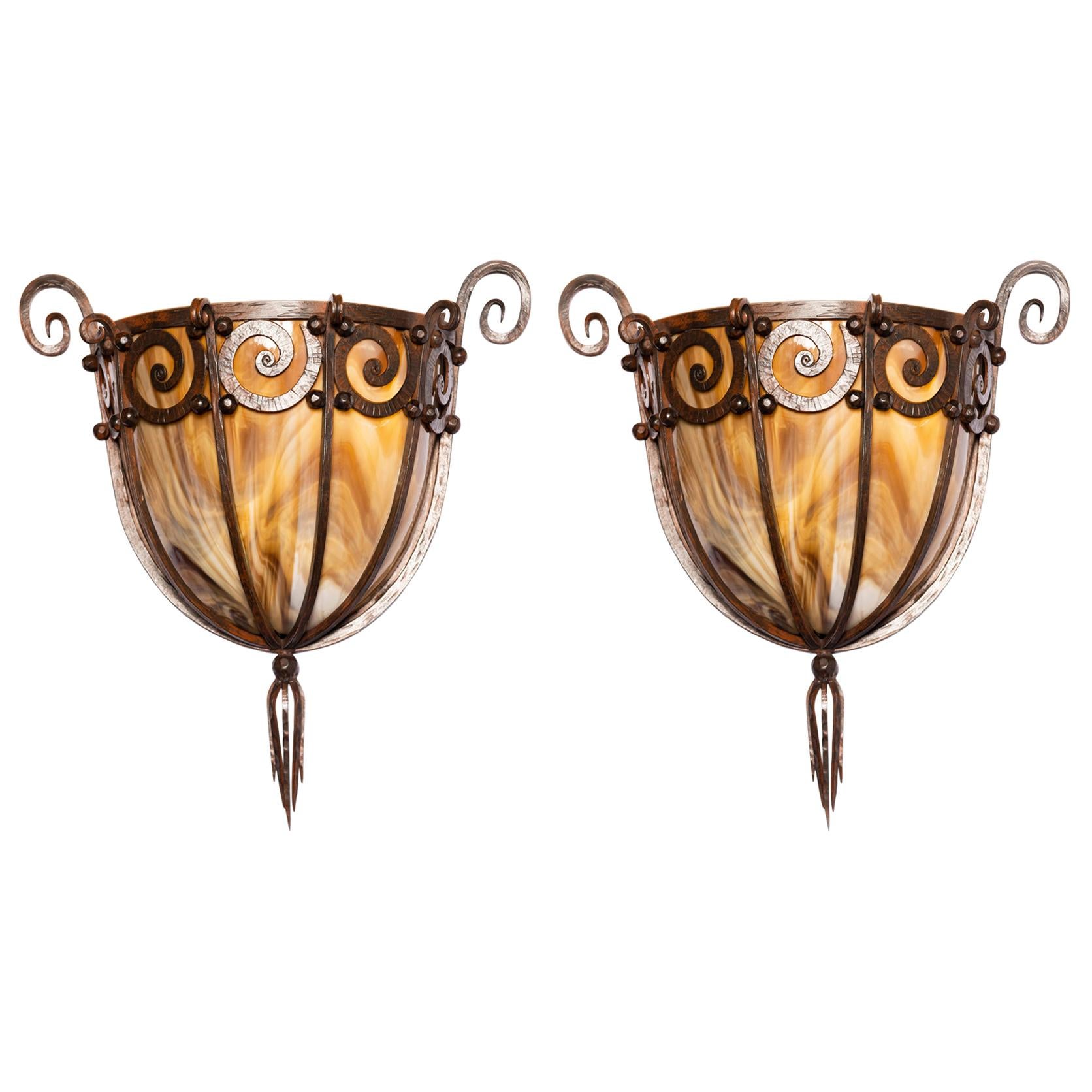 Pair of Slag Glass and Wrought Iron Sconces, France, circa 1930