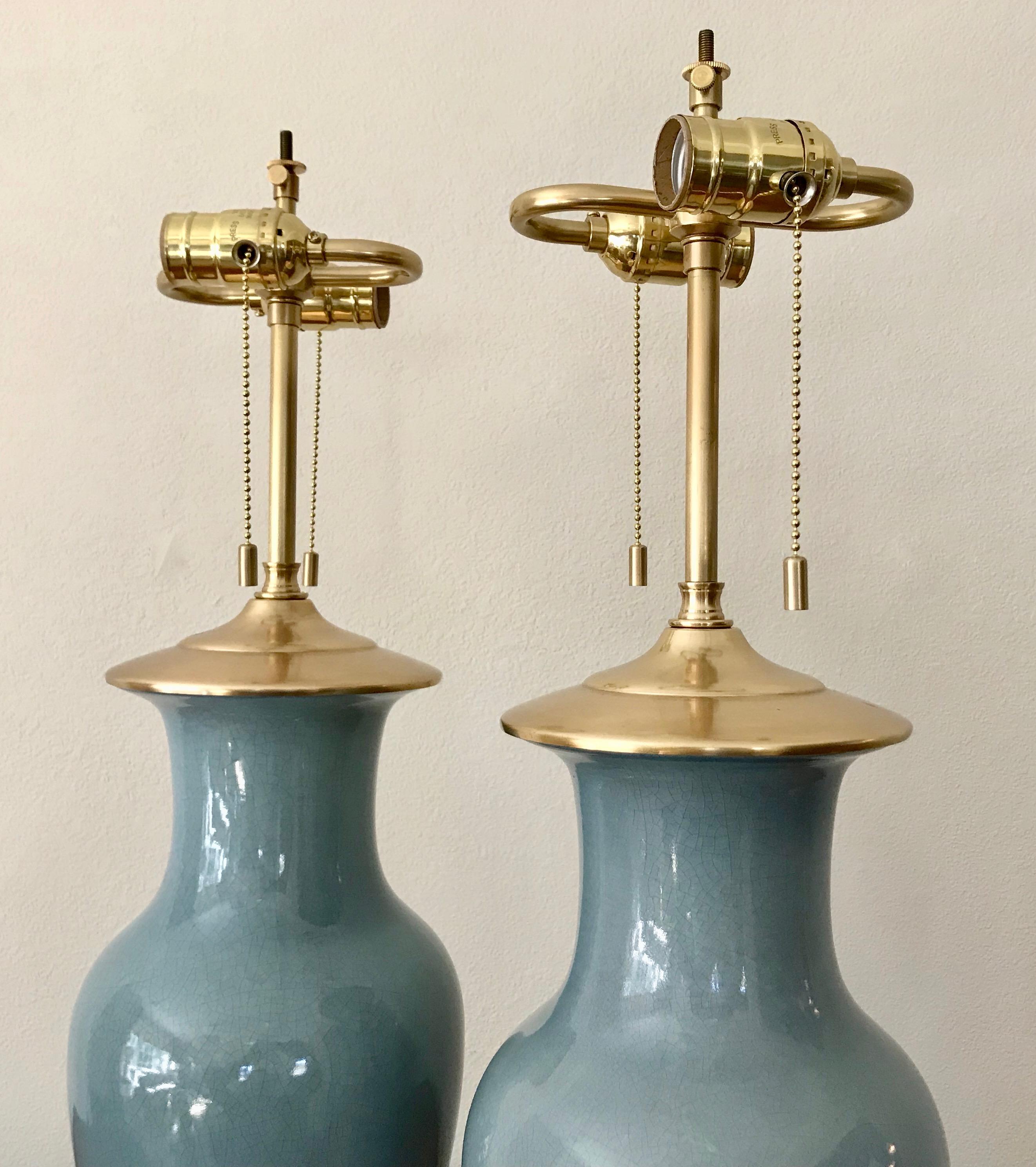 American Pair of Slate Blue Ceramic Lamps on 23-Karat Water Gilt Bases