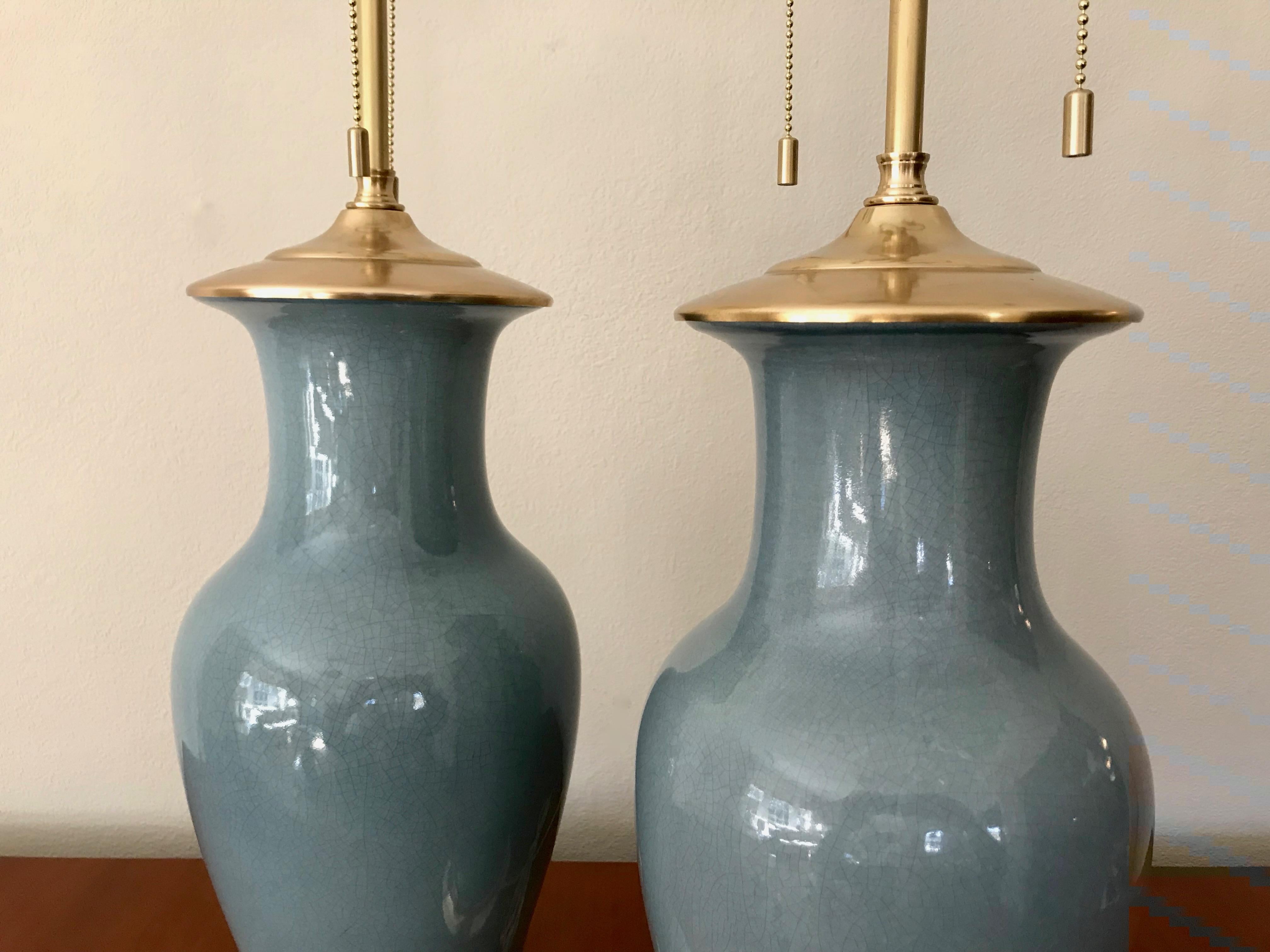Pair of Slate Blue Ceramic Lamps on 23-Karat Water Gilt Bases In Good Condition In Dallas, TX