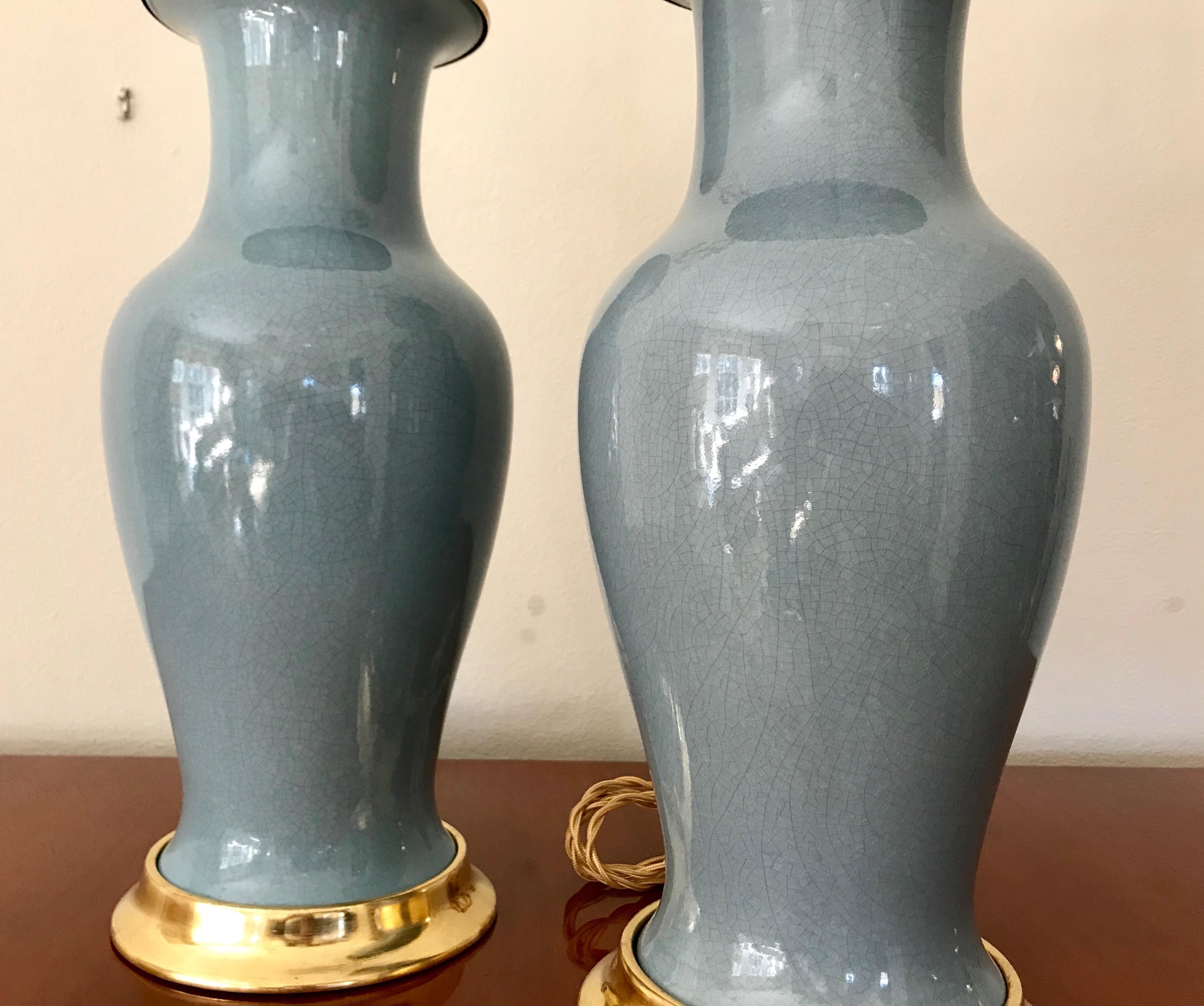 Mid-20th Century Pair of Slate Blue Ceramic Lamps on 23-Karat Water Gilt Bases