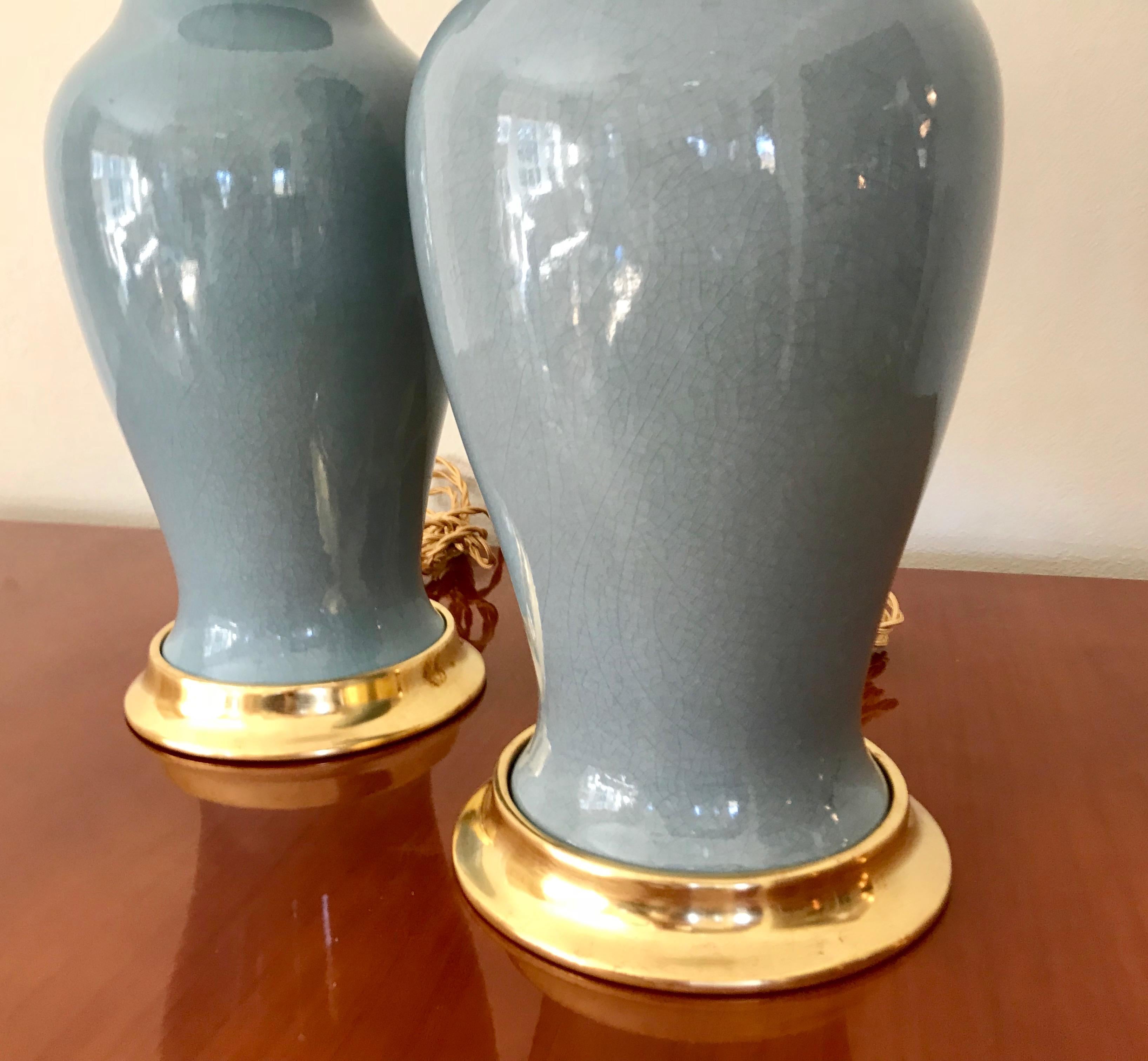 Pair of Slate Blue Ceramic Lamps on 23-Karat Water Gilt Bases 2