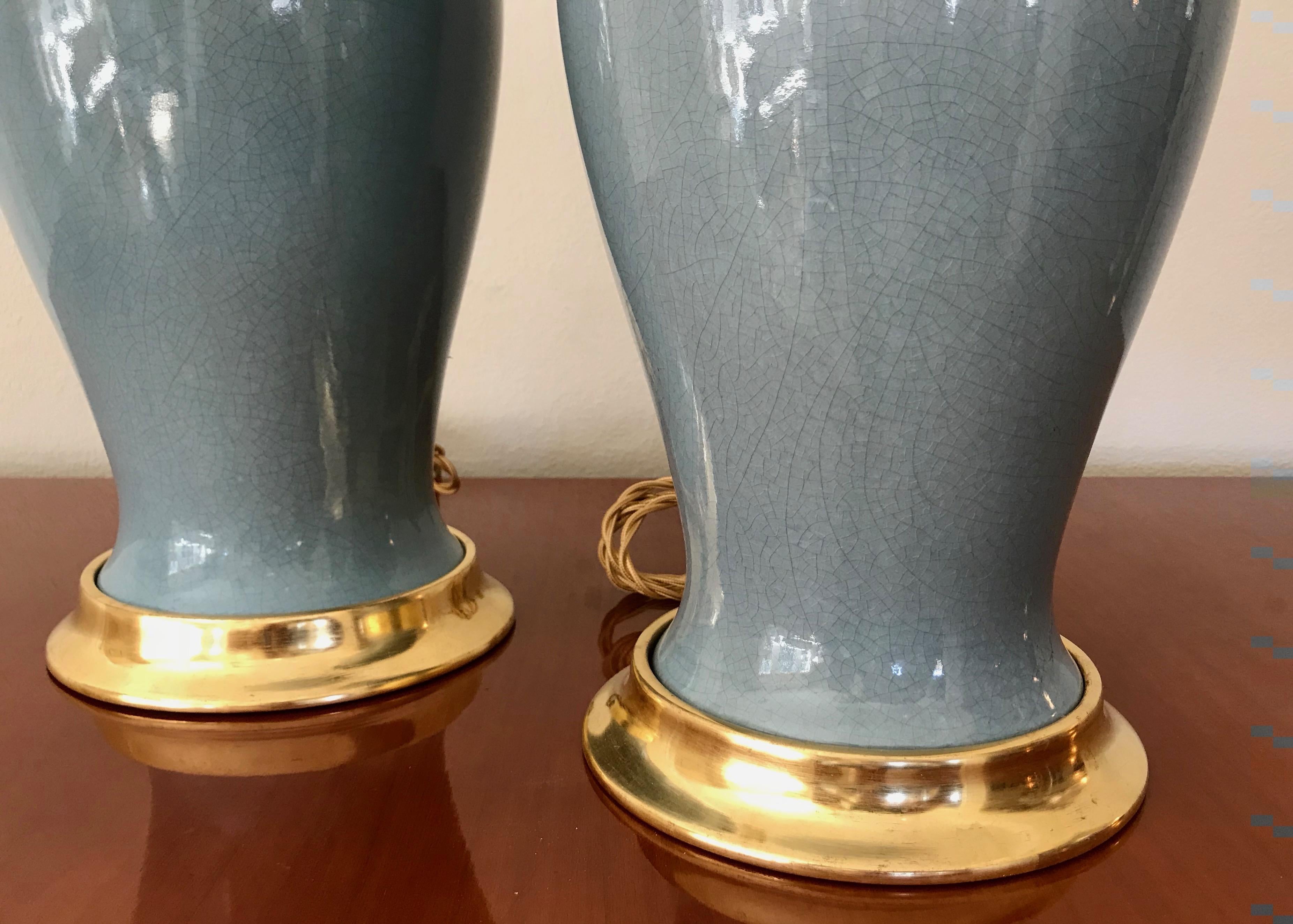 Pair of Slate Blue Ceramic Lamps on 23-Karat Water Gilt Bases 3