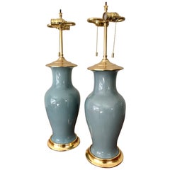 Vintage Pair of Slate Blue Ceramic Lamps on 23-Karat Water Gilt Bases
