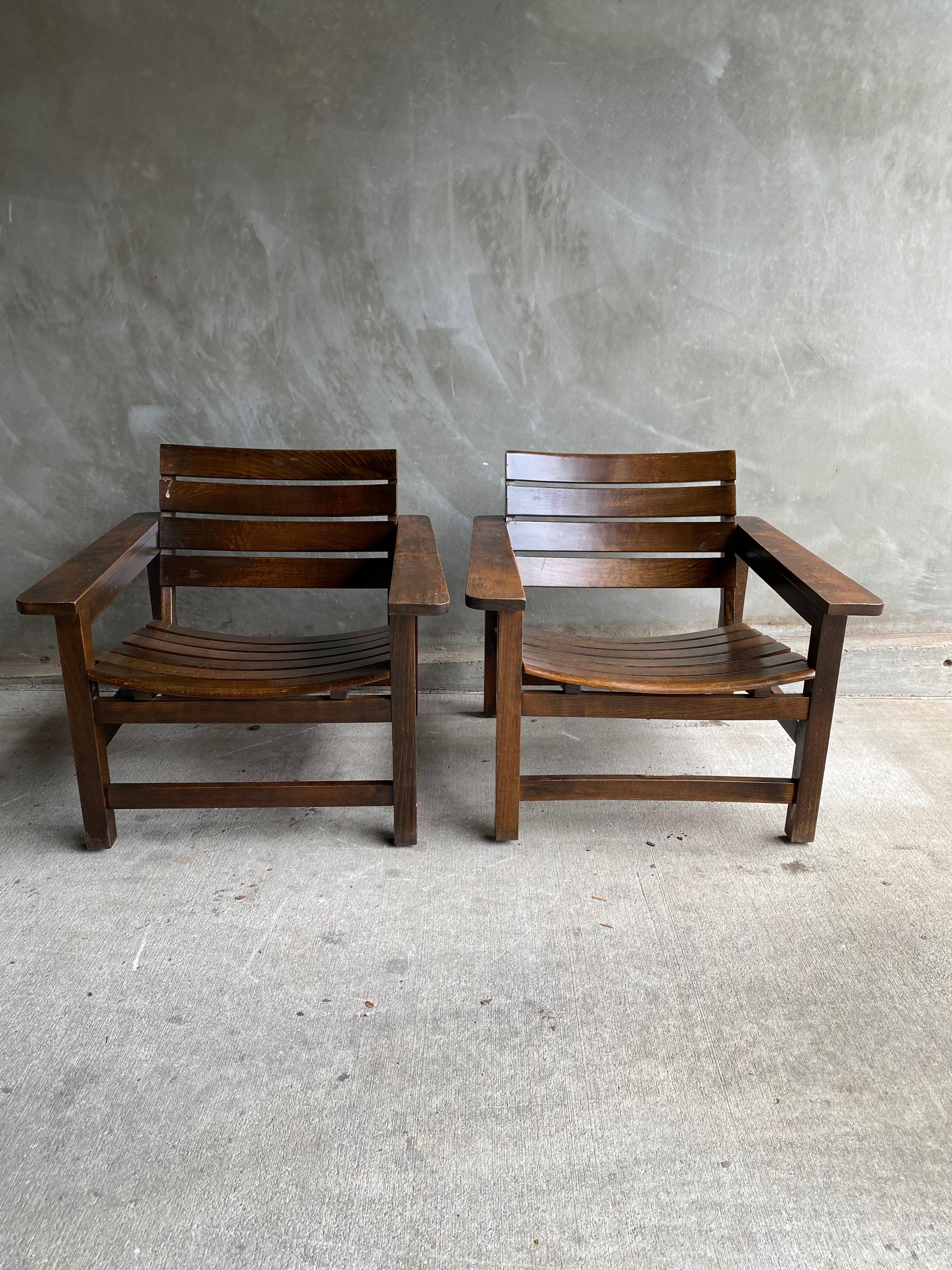 Mid-Century Modern Pair of Slatted Armchairs, France, 1950's