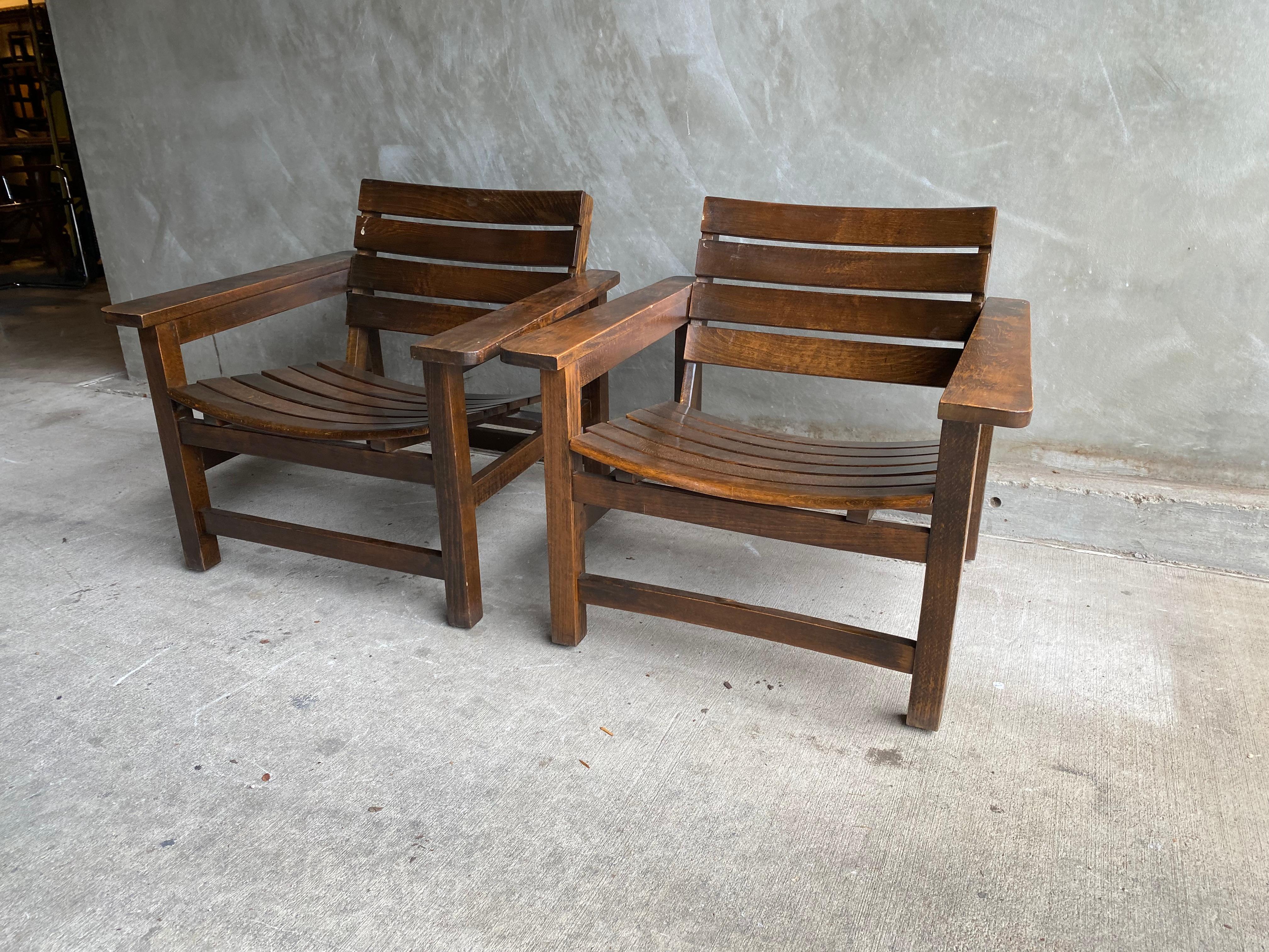 Pair of Slatted Armchairs, France, 1950's In Good Condition In Austin, TX