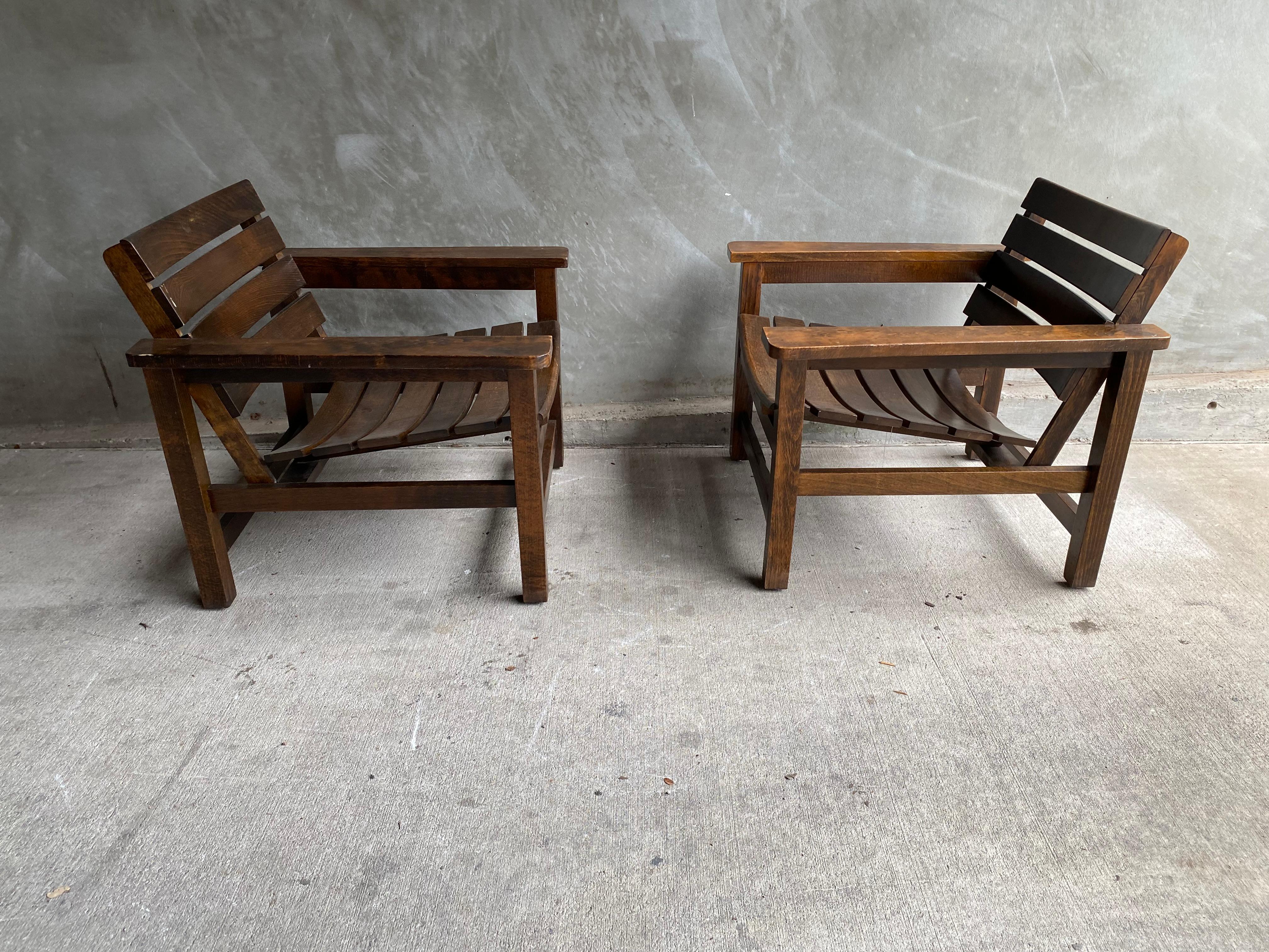 Hardwood Pair of Slatted Armchairs, France, 1950's