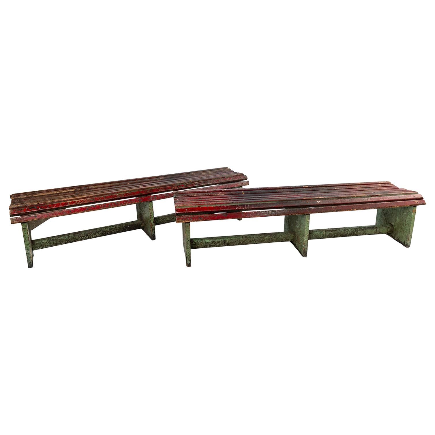 Pair of Slatted Painted Long Benches Sold Individually For Sale
