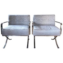 Vintage Pair of Sleek Chrome Club Chairs in a Pale Blue and Gray Woven Silk
