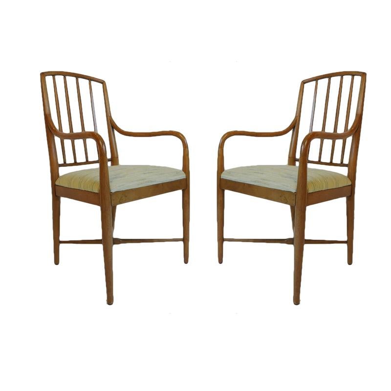 Stunning pair of Drexel armchairs from the 1960s constructed of carved fruit or nutwood with upholstered seats.
 