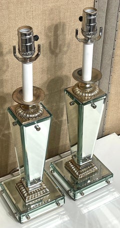 Pair of Sleek French Art Deco/ Moderne  Style Mirrored Column Lamps