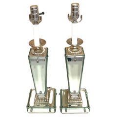 Pair of Sleek French Art Deco/ Moderne  Style Mirrored Column Lamps