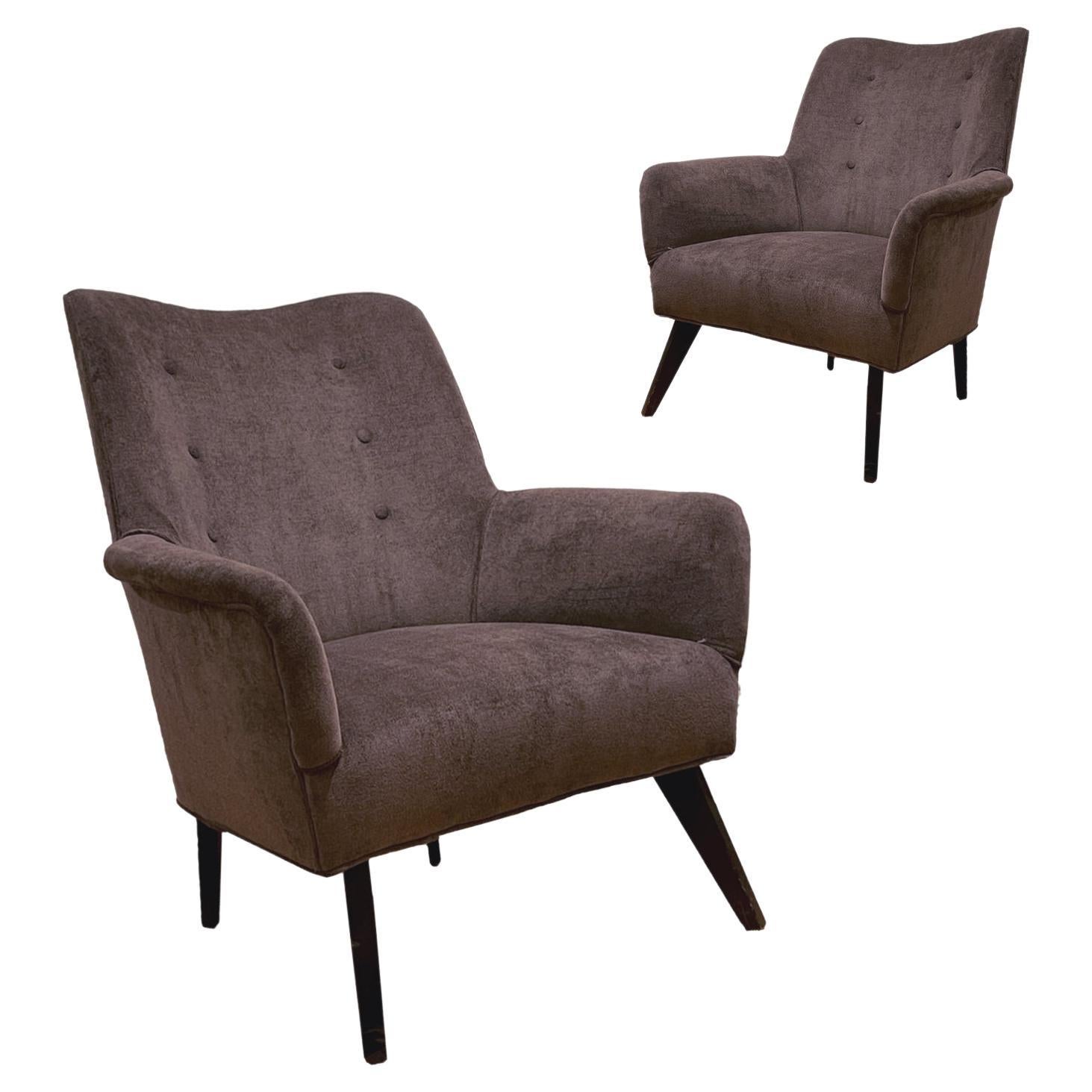 Pair of Sleek Italian Sculptural Midcentury Modern Chairs, New Velvet Upholstery