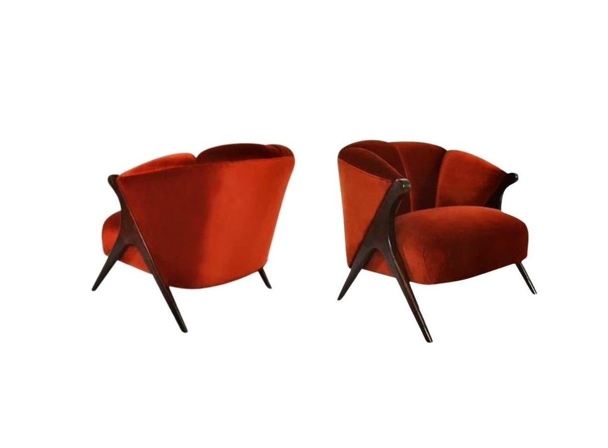 Velvet Pair of Sleek Karpen of California Barrel Lounge Chairs