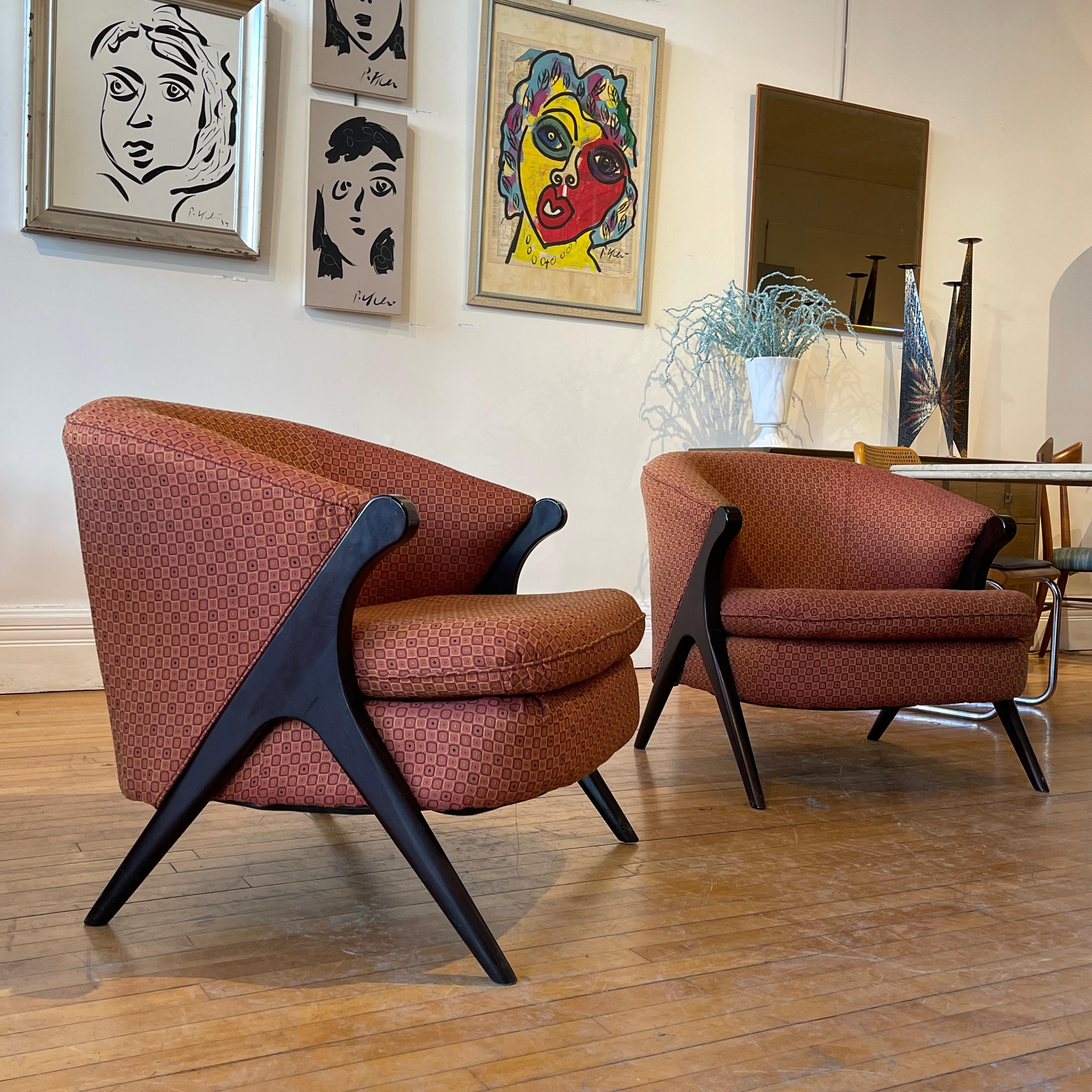 Pair of Sleek Karpen of California Style Barrel Lounge Chairs, Mid-Century Club  1
