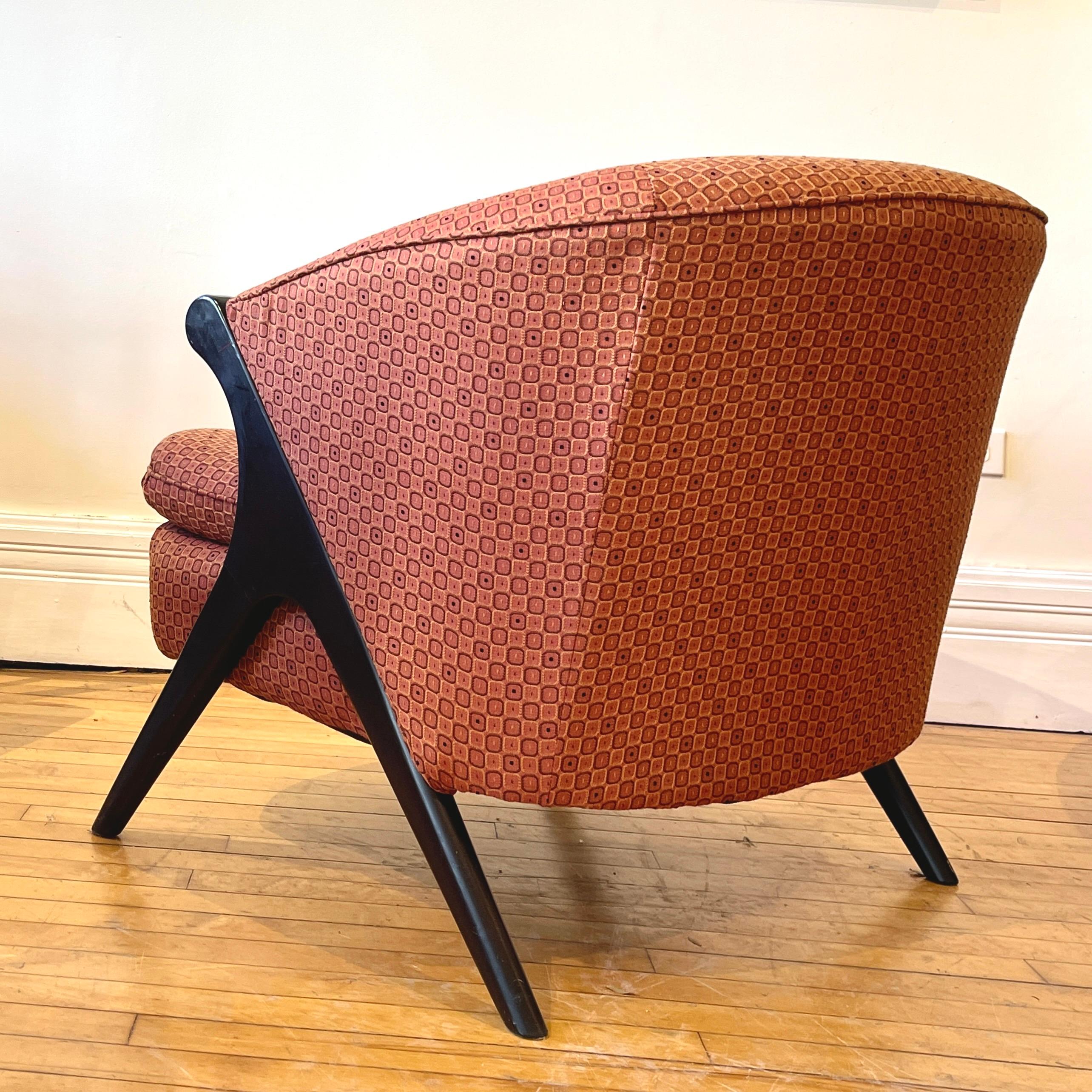 Ebonized Pair of Sleek Karpen of California Style Barrel Lounge Chairs, Mid-Century Club 