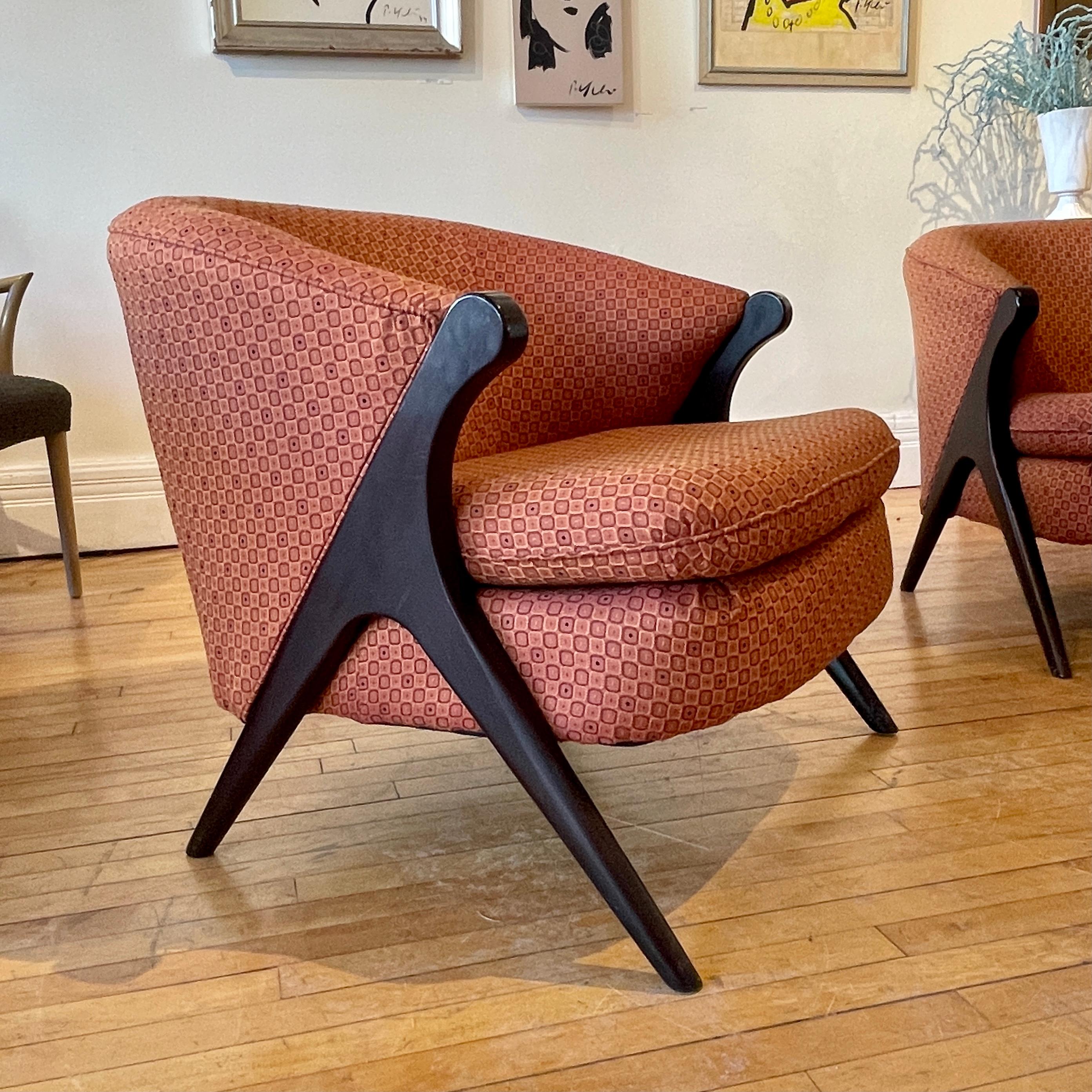 Upholstery Pair of Sleek Karpen of California Style Barrel Lounge Chairs, Mid-Century Club 