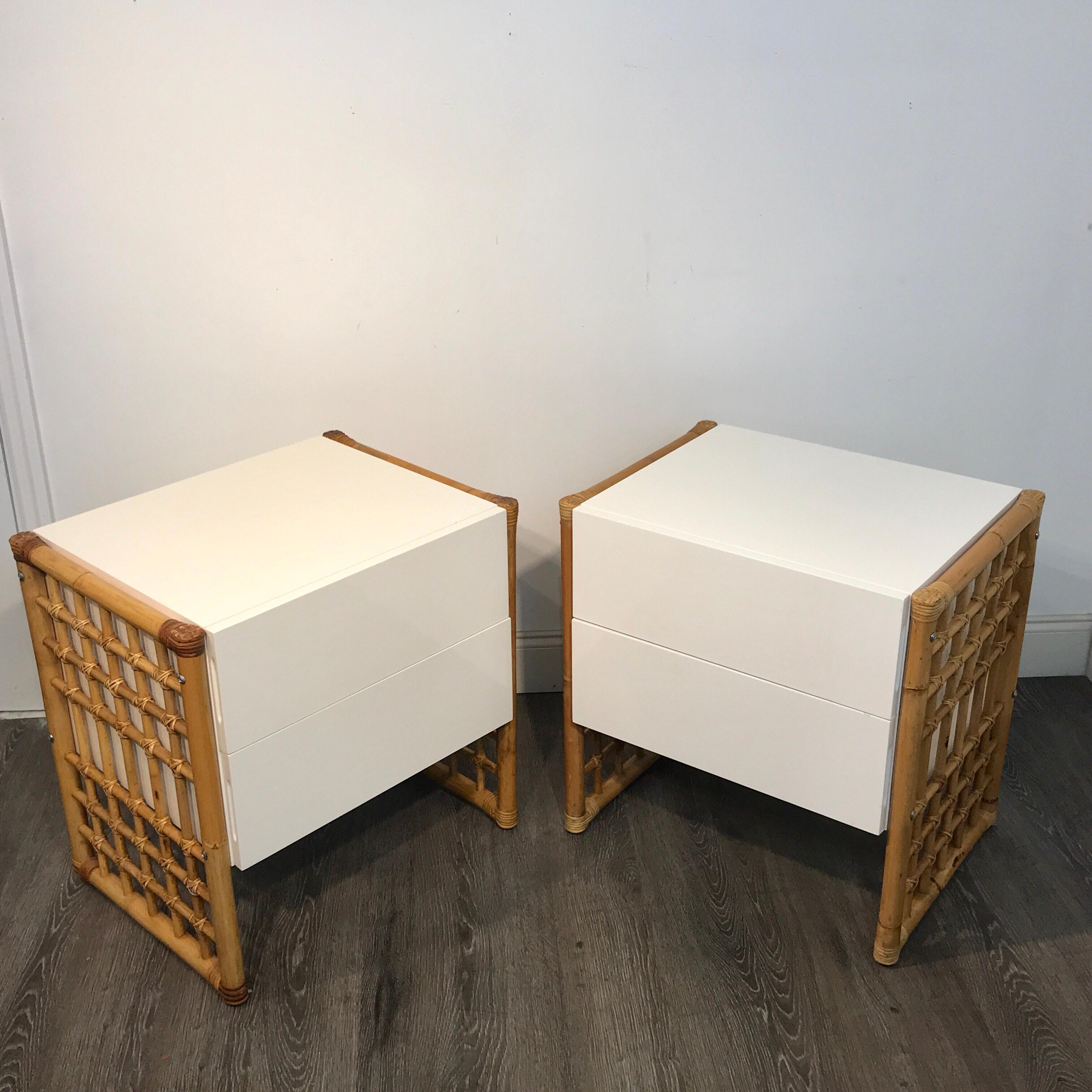 Pair of Sleek Modern White Lacquered and Rattan End Tables or Nightstands 6
