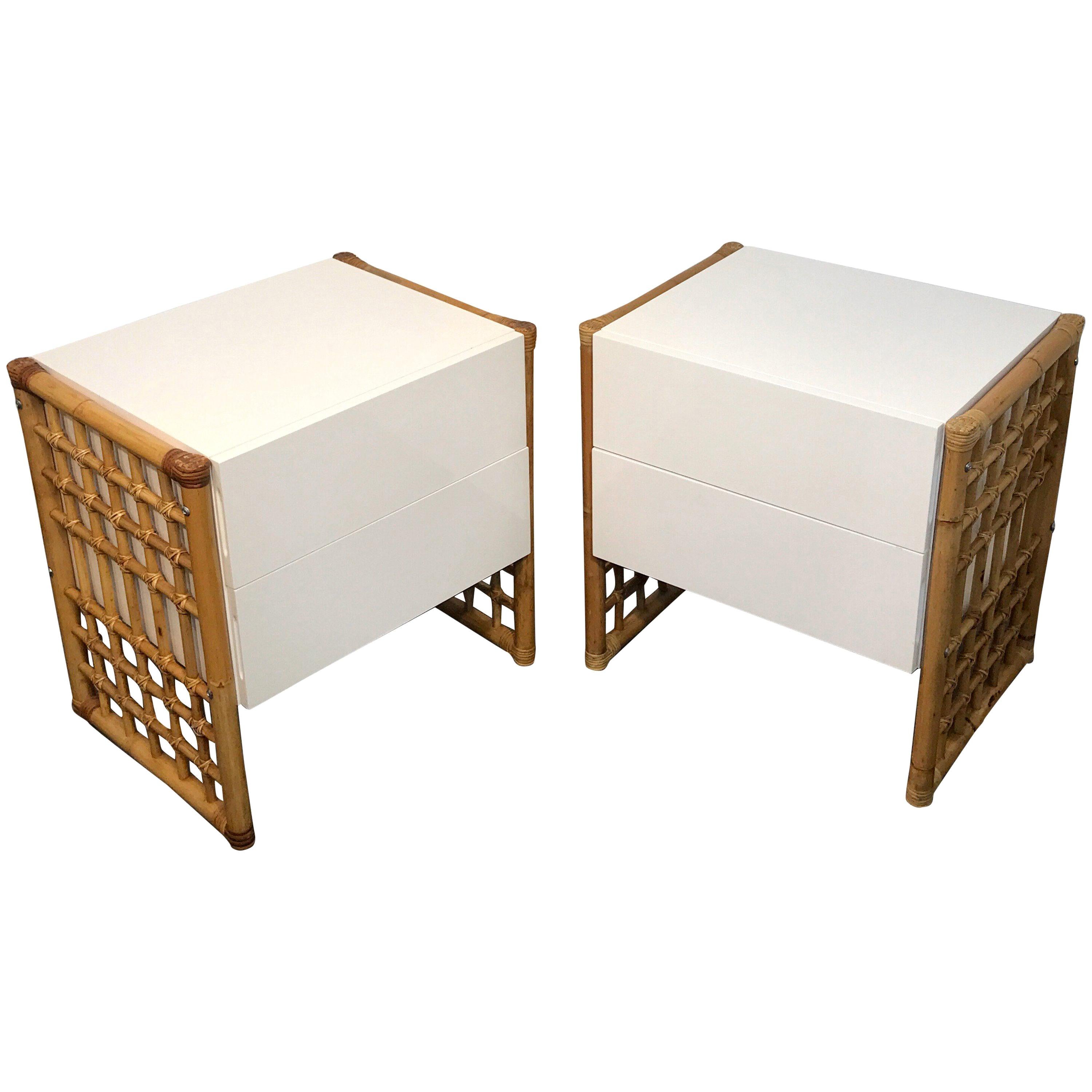 Pair of Sleek Modern White Lacquered and Rattan End Tables or Nightstands