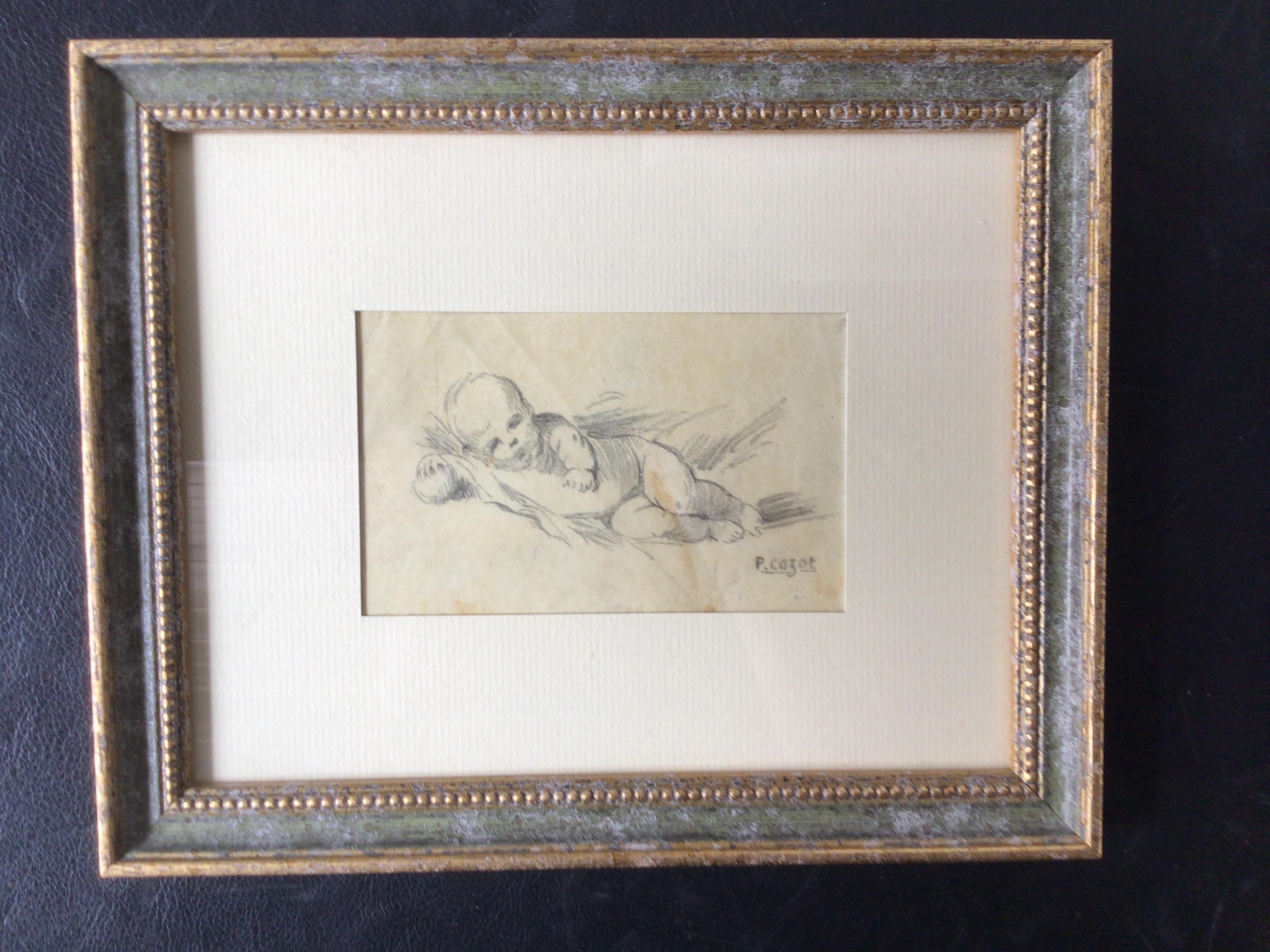 Pair of 1930s drawings if sleeping babies by P. Cazot.
