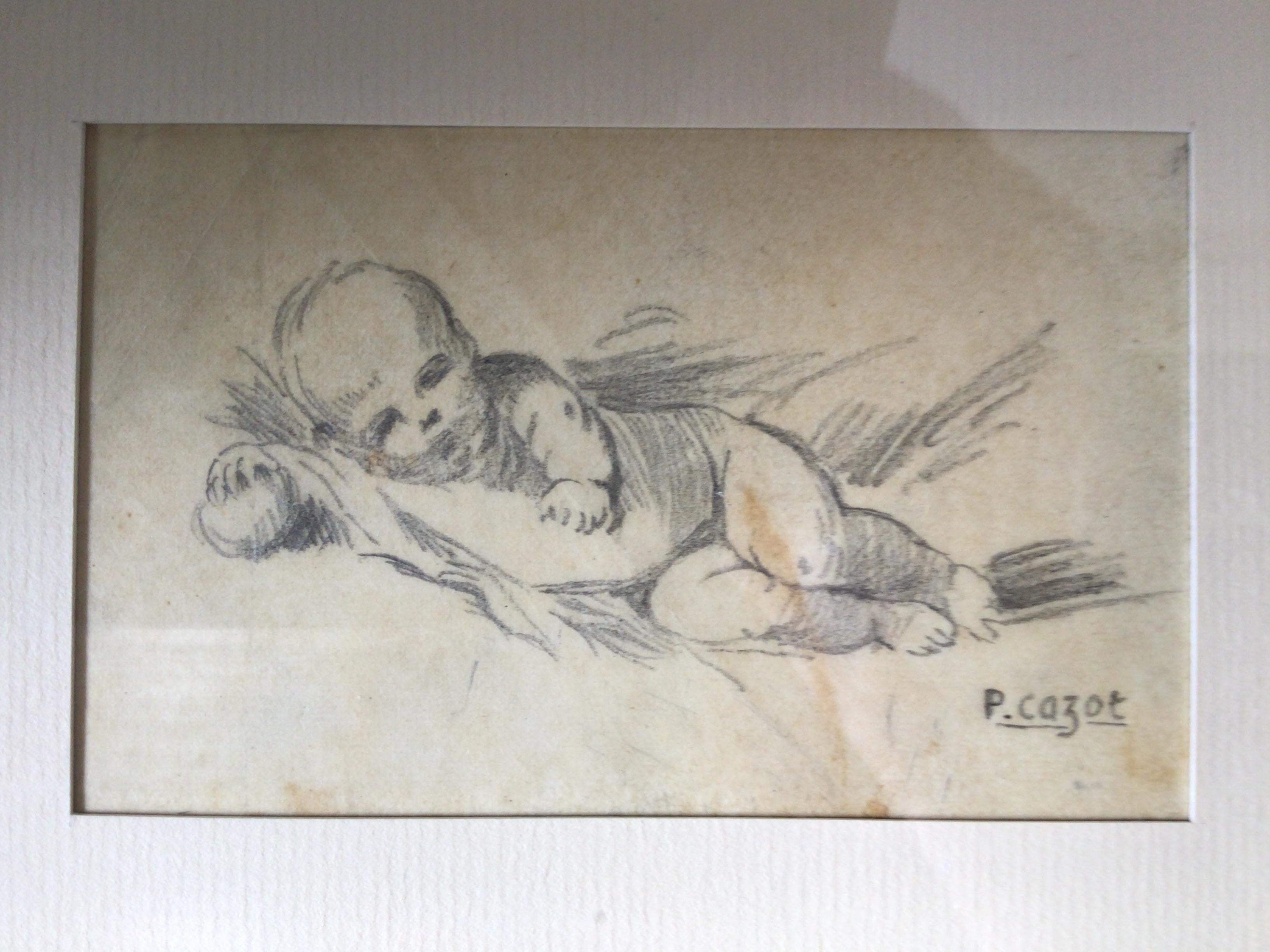 Pair of Sleeping Baby Drawings by P.Cazot In Good Condition For Sale In Tarrytown, NY