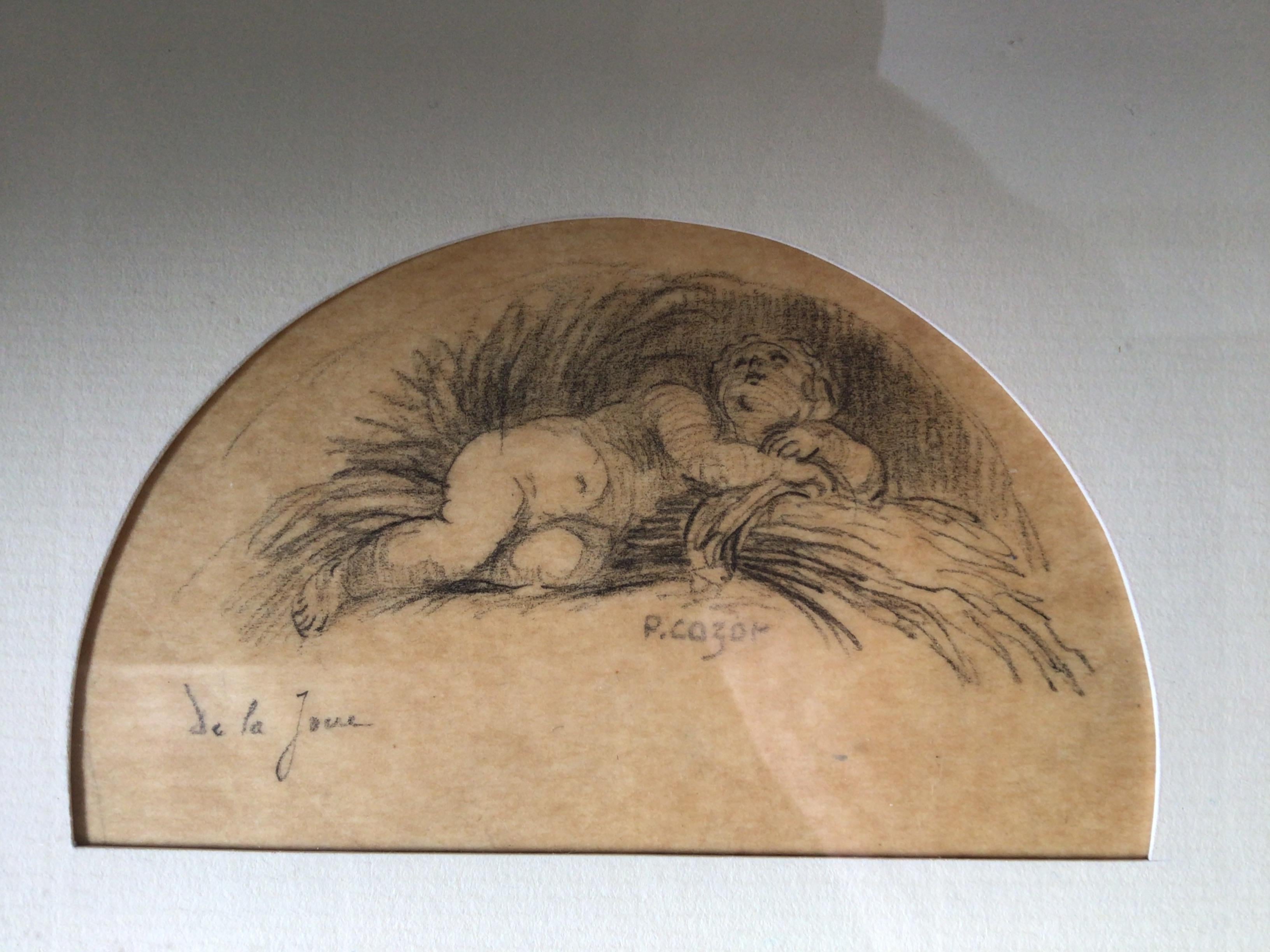Paper Pair of Sleeping Baby Drawings by P.Cazot For Sale