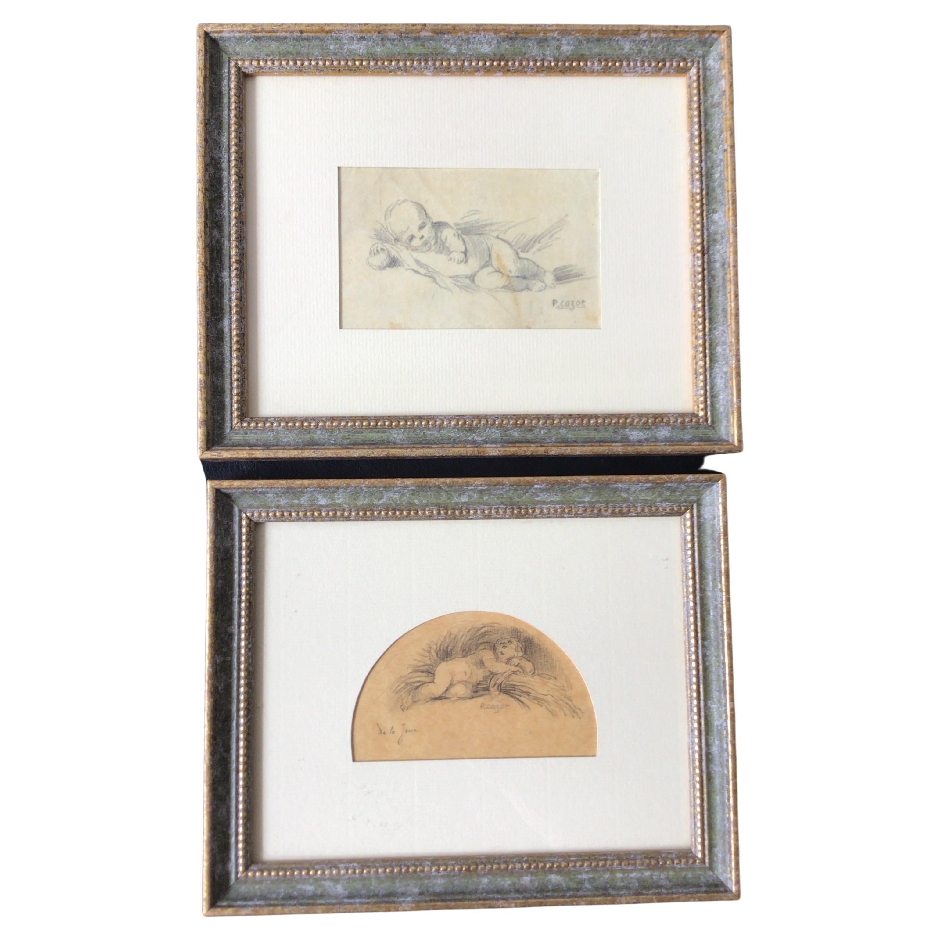 Pair of Sleeping Baby Drawings by P.Cazot For Sale