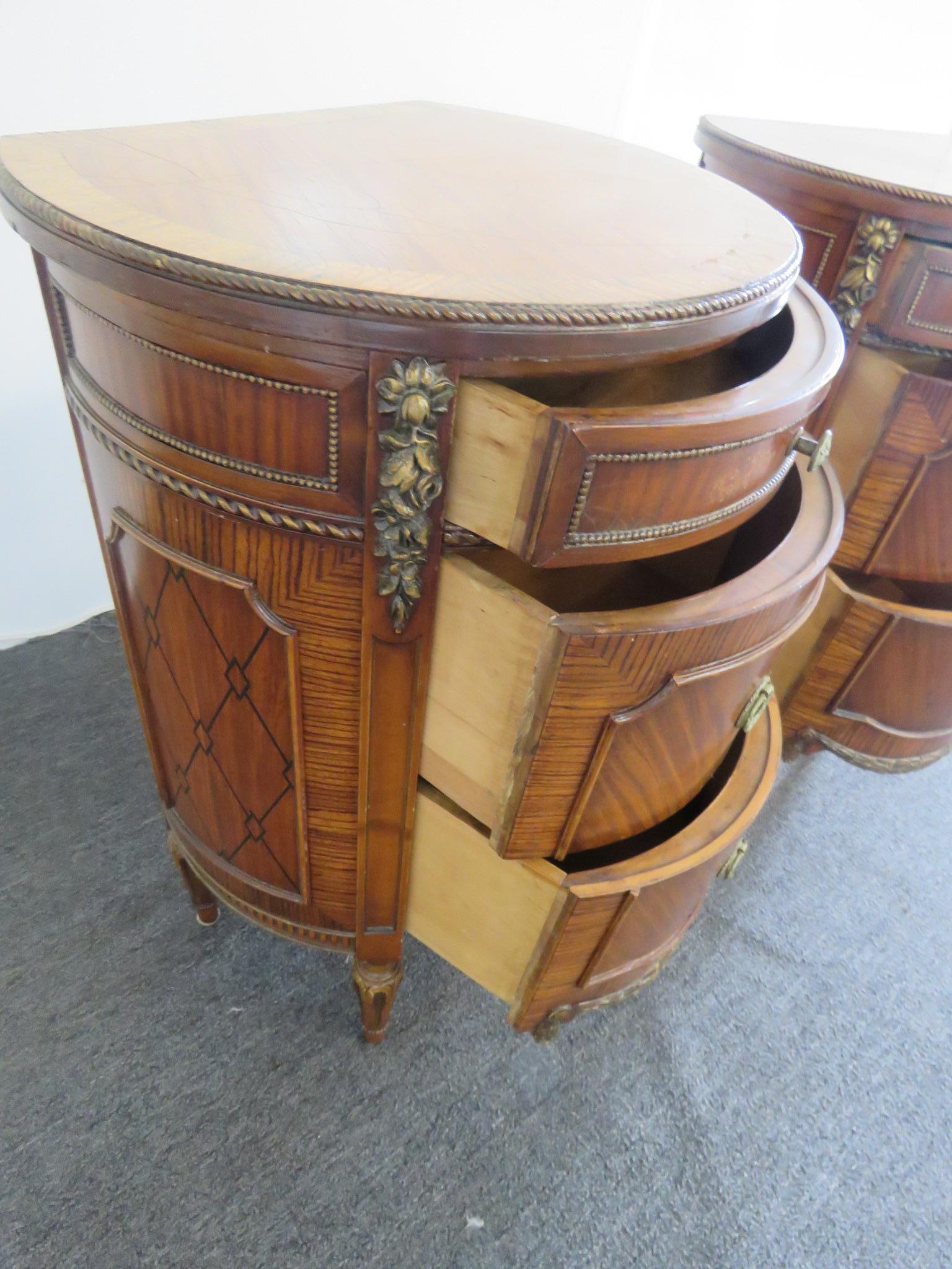 20th Century Pair of Sleigh Louis XV Style Inlaid Demilune Side Tables