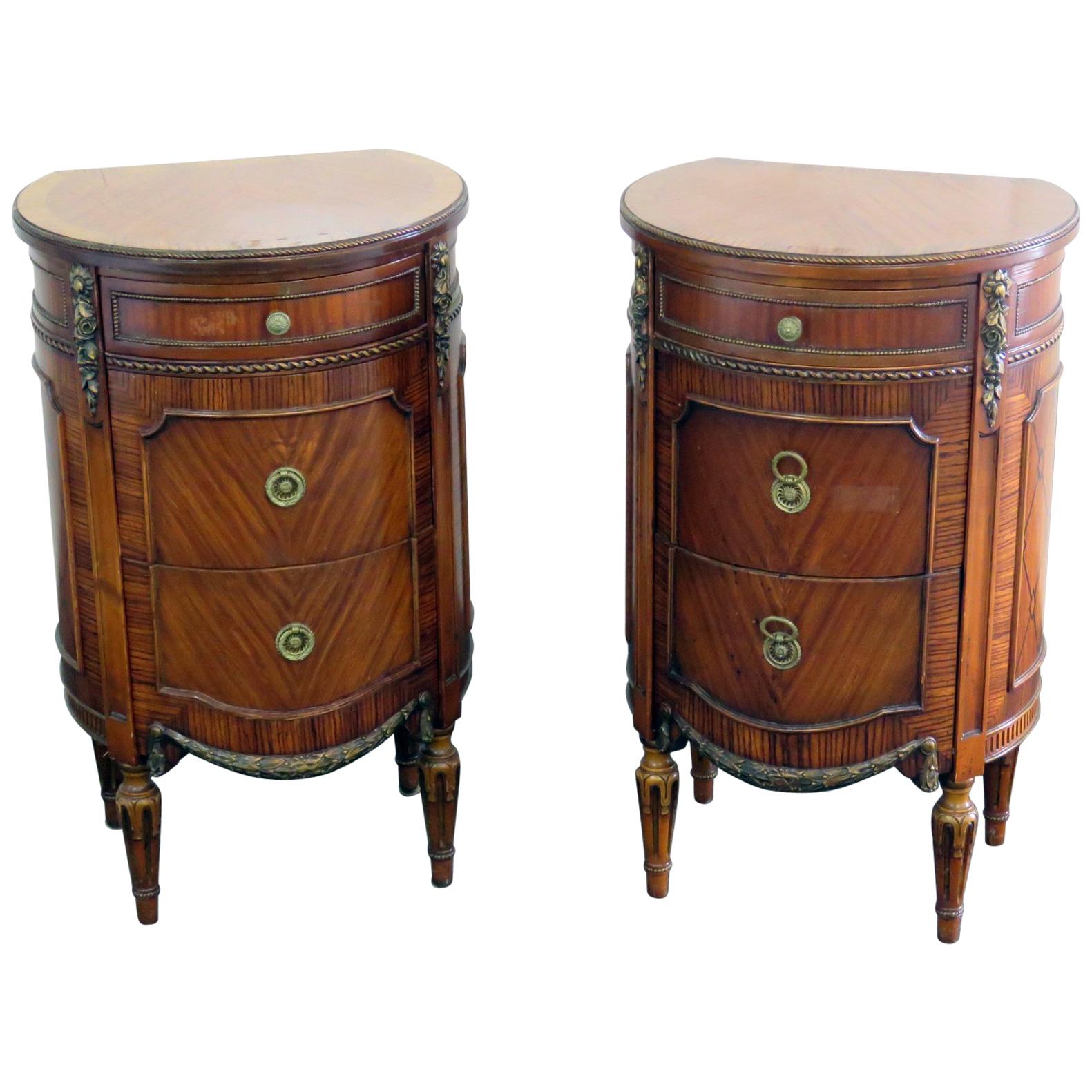 Pair of Sleigh Louis XV Style Inlaid Demilune Side Tables