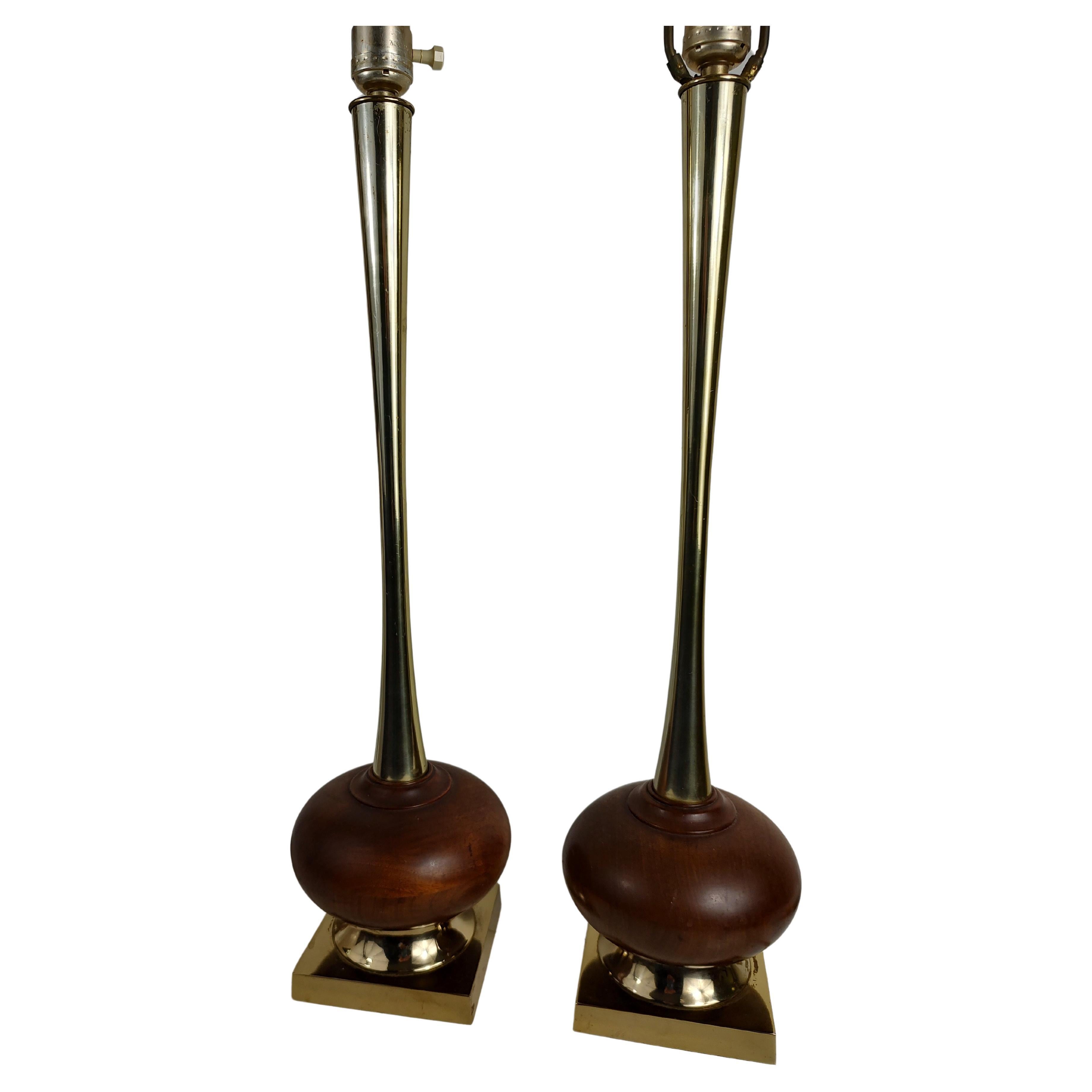 Pair of Tall Walnut & Brass Mid-Century Modern Table Lamps attrib Laurel Lamp co For Sale