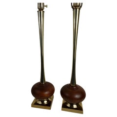 Pair of Tall Walnut & Brass Mid-Century Modern Table Lamps attrib Laurel Lamp co