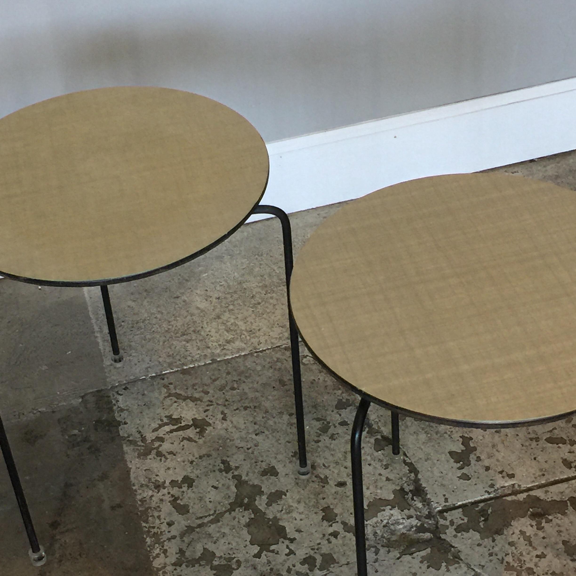 American Pair of Slender Tripod Laminate Side Tables with Lucite Details For Sale