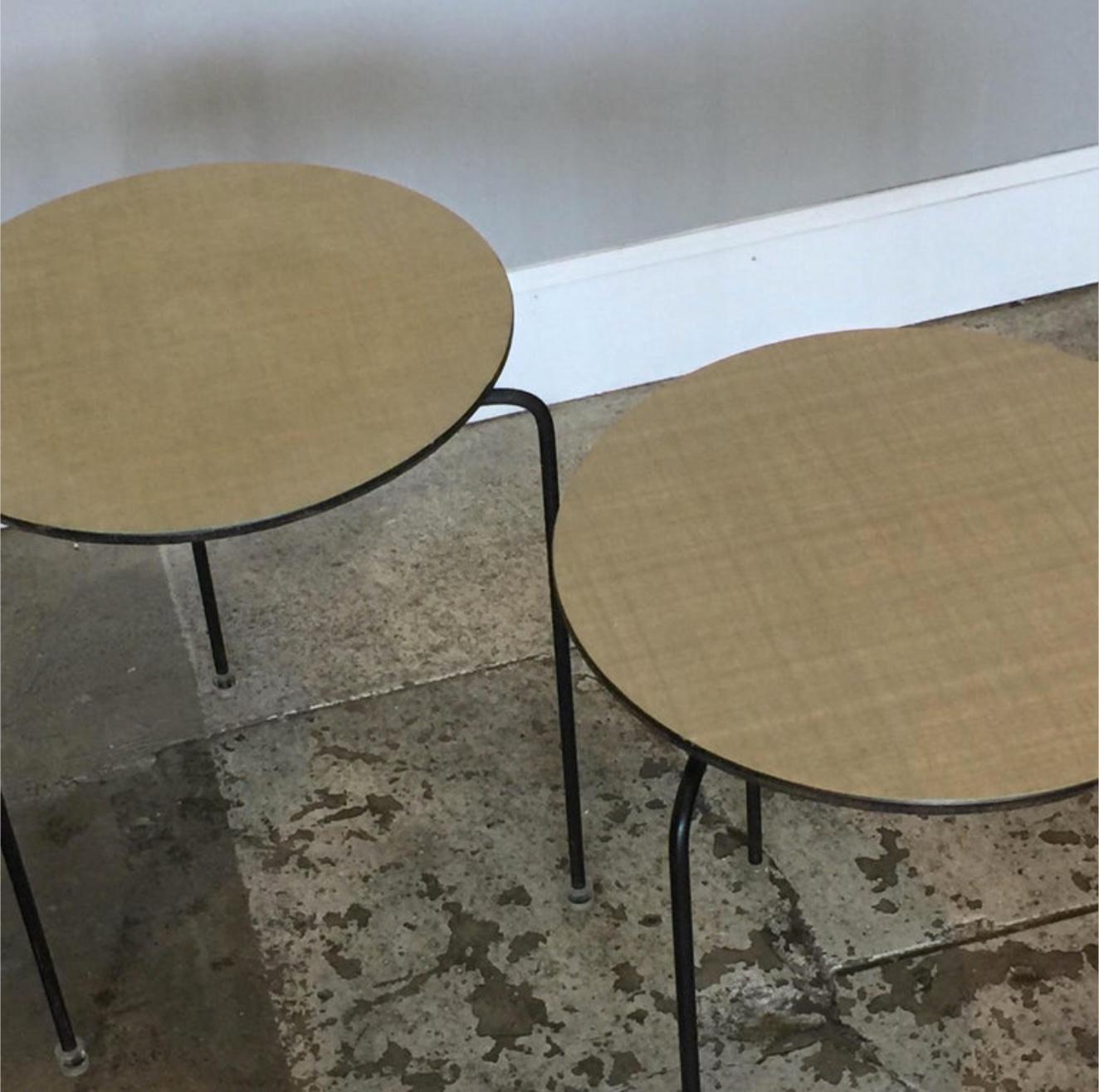 Laminated Pair of Slender Tripod Laminate Side Tables with Lucite Details For Sale