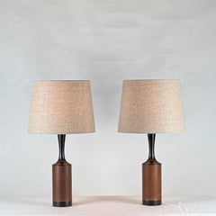 Pair of Slender Walnut Lamps with Custom Linen Shades by Laurel