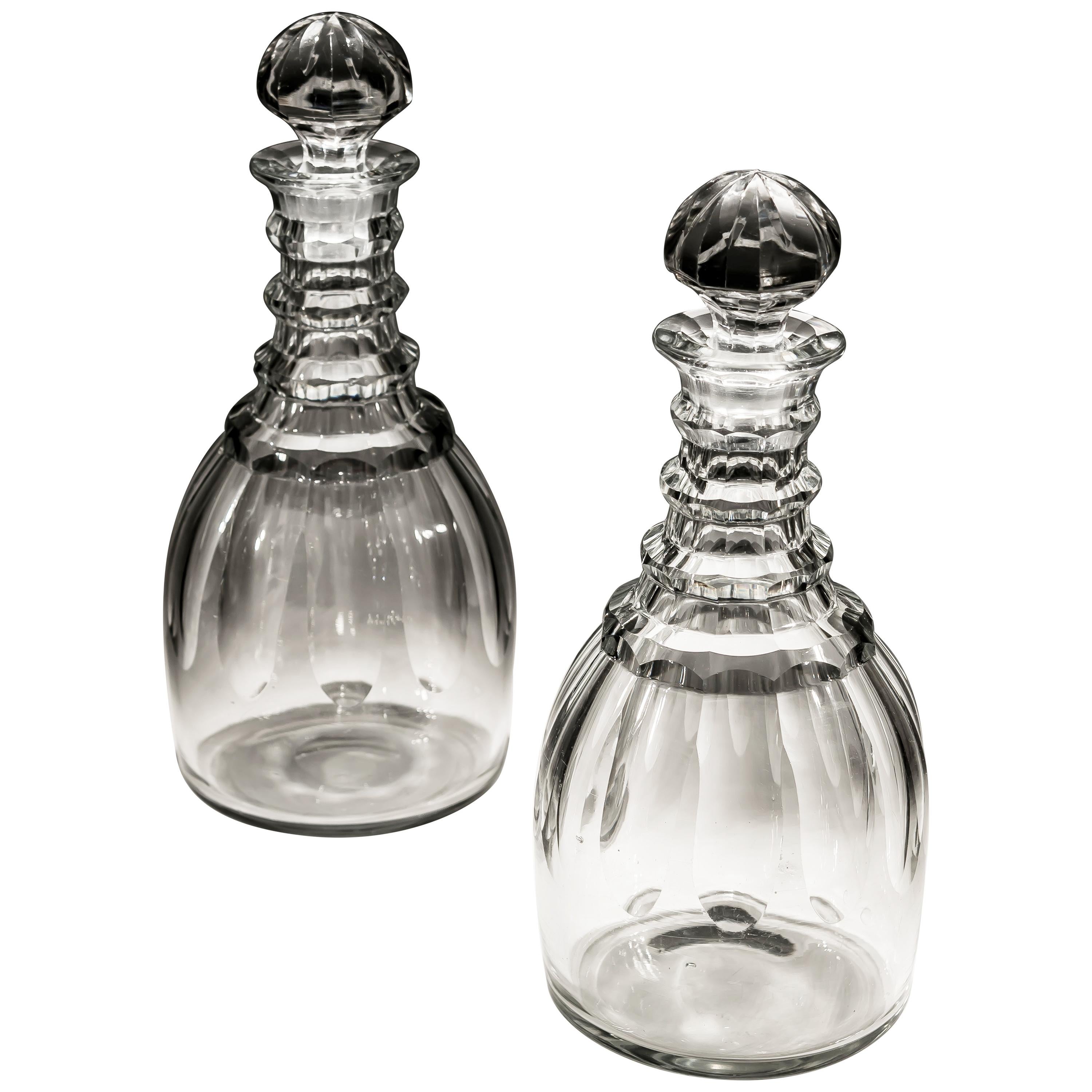 Pair of Slice Cut Georgian Decanters with Faceted Rings