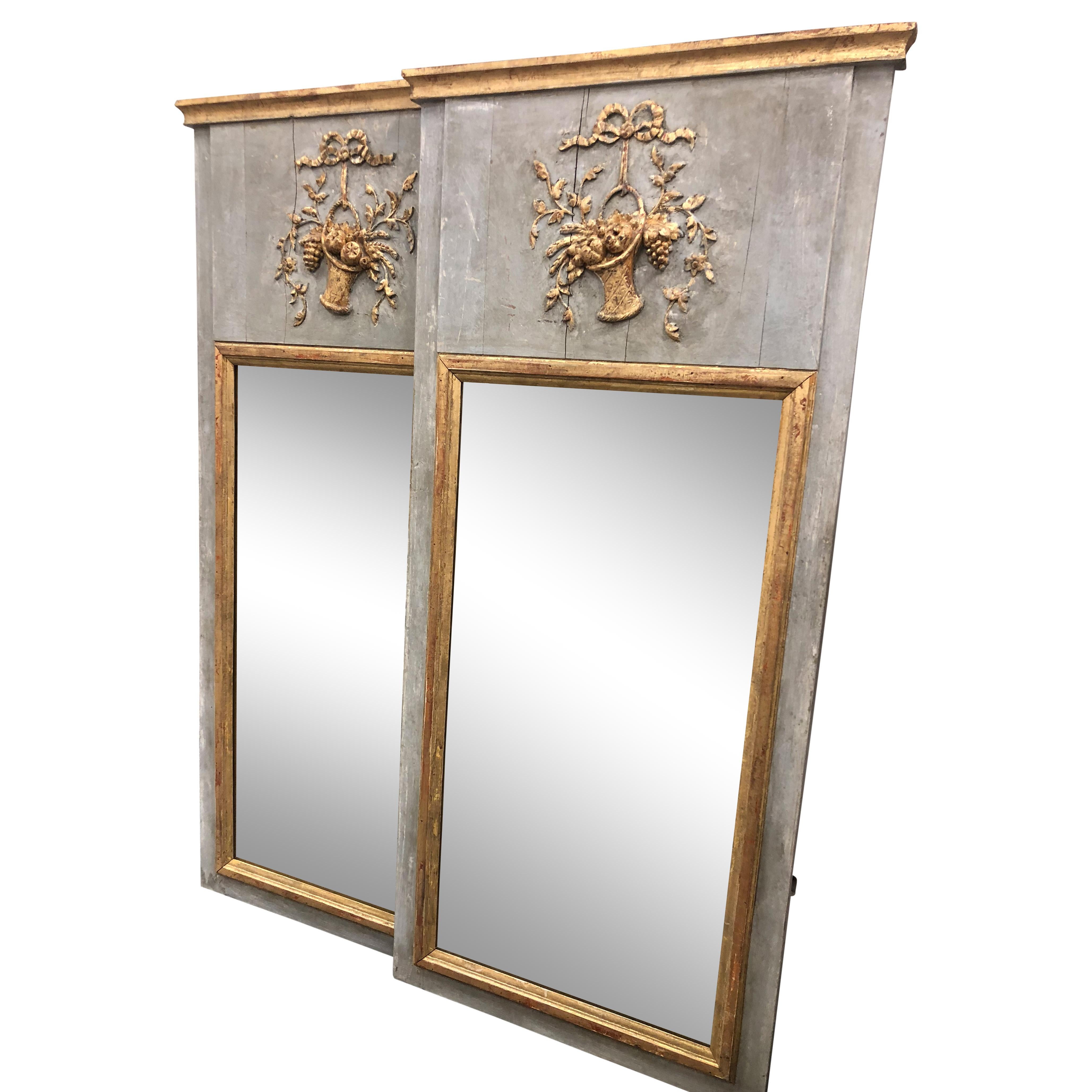 Pair of Slim French Tremeau Mirrors with Bow and Garland For Sale